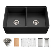 Houzer Aspire 33" Fireclay Farmhouse Apron Front 50/50 Double Bowl Workstation Sink with Accessories