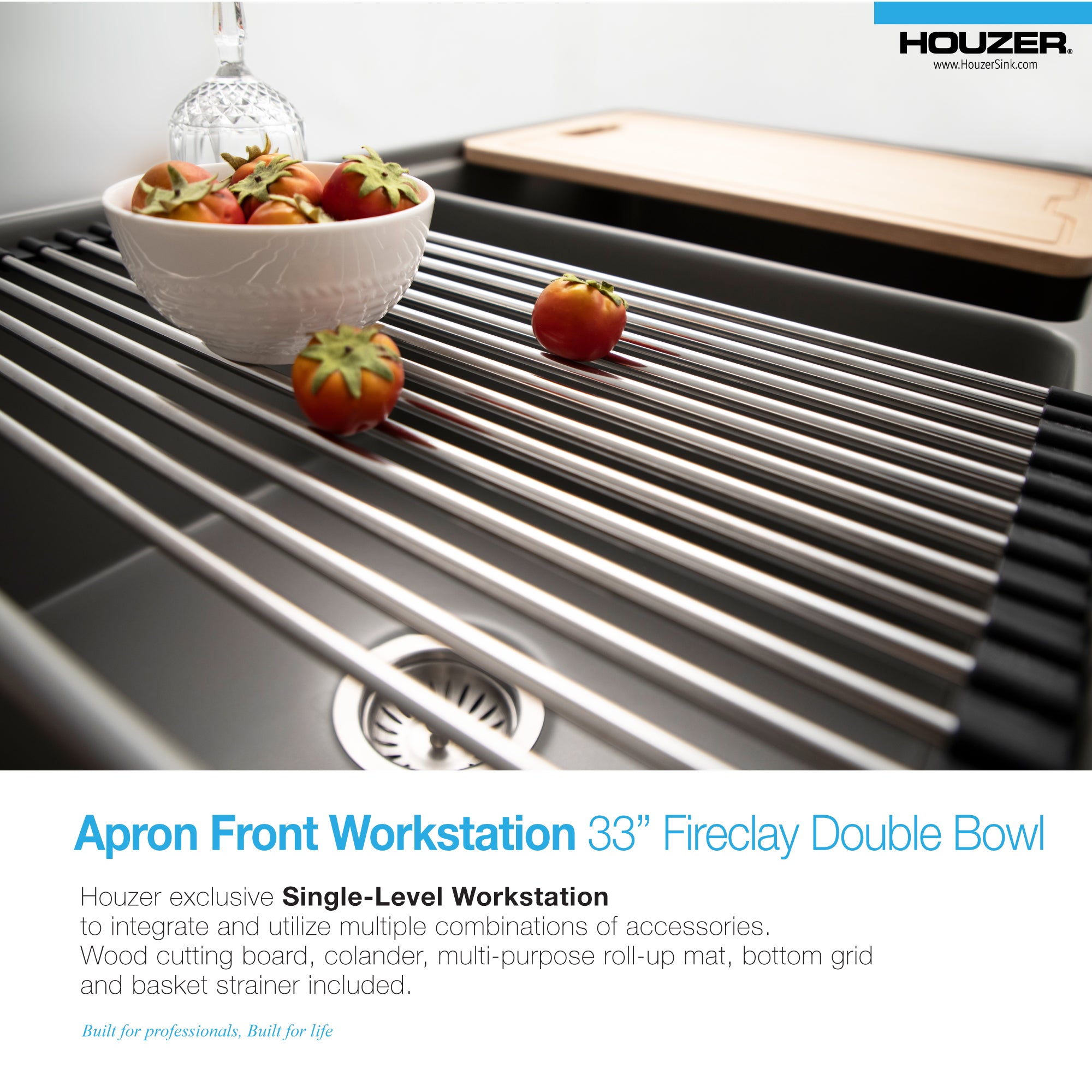 Houzer Aspire 33" Fireclay Farmhouse Apron Front 50/50 Double Bowl Workstation Sink with Accessories
