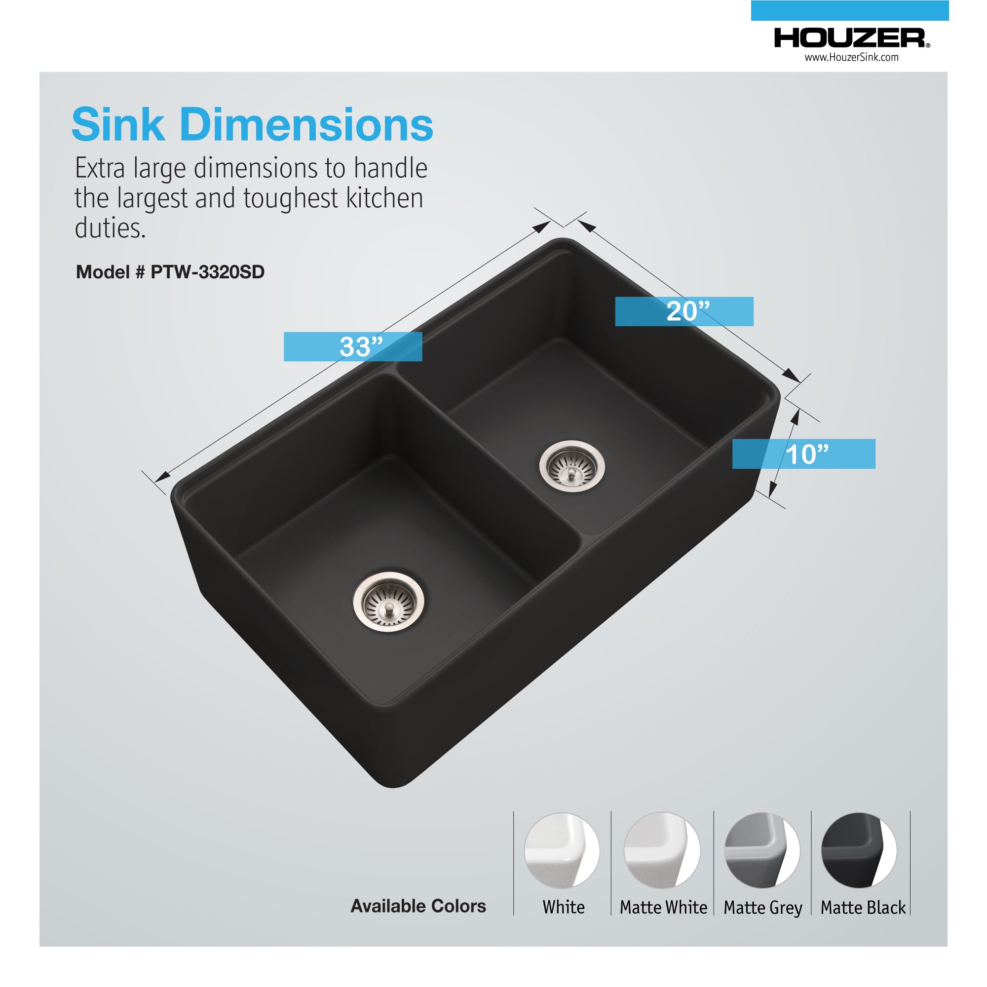 Houzer Aspire 33" Fireclay Farmhouse Apron Front 50/50 Double Bowl Workstation Sink with Accessories