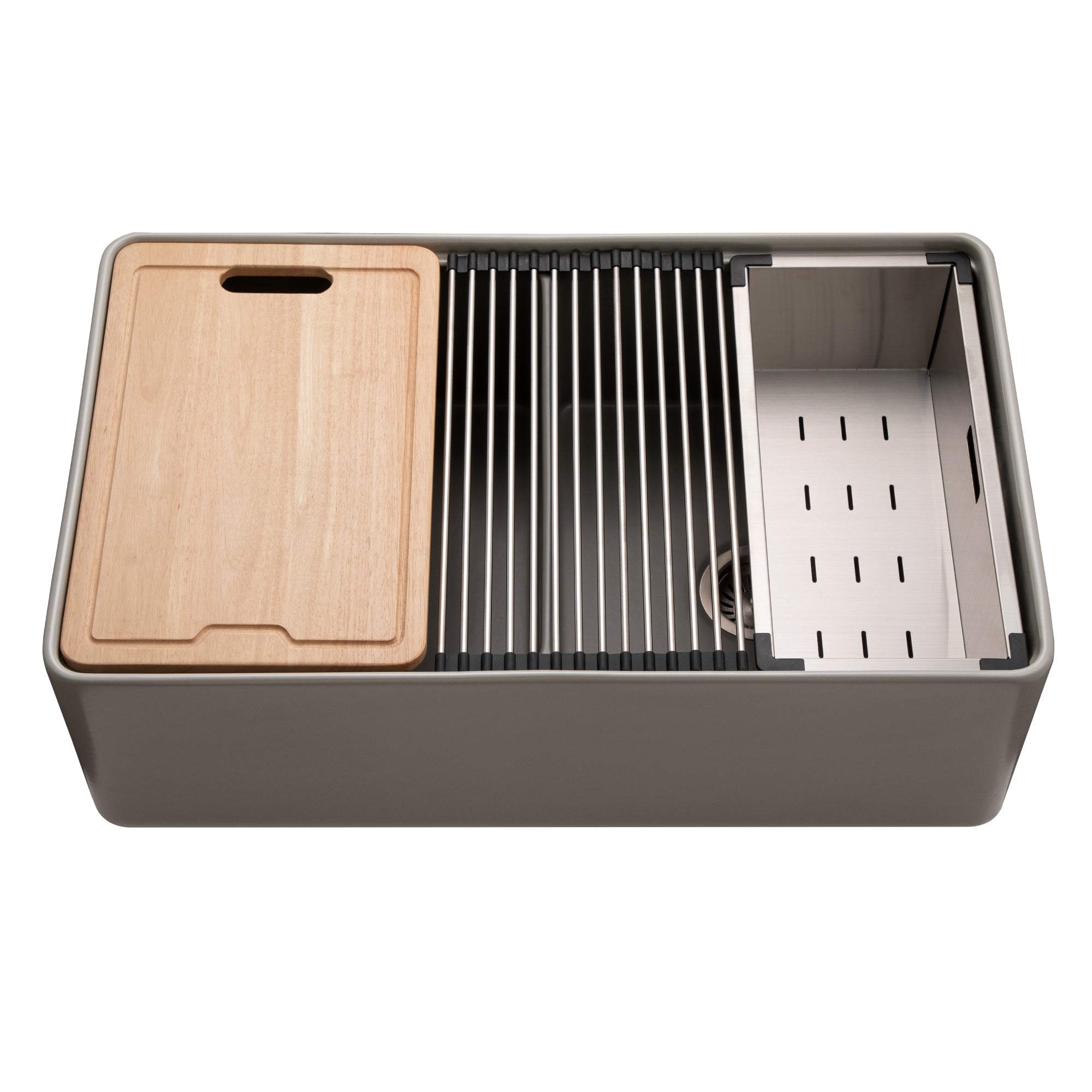 Houzer Aspire 33" Fireclay Farmhouse Apron Front 50/50 Double Bowl Workstation Sink with Accessories
