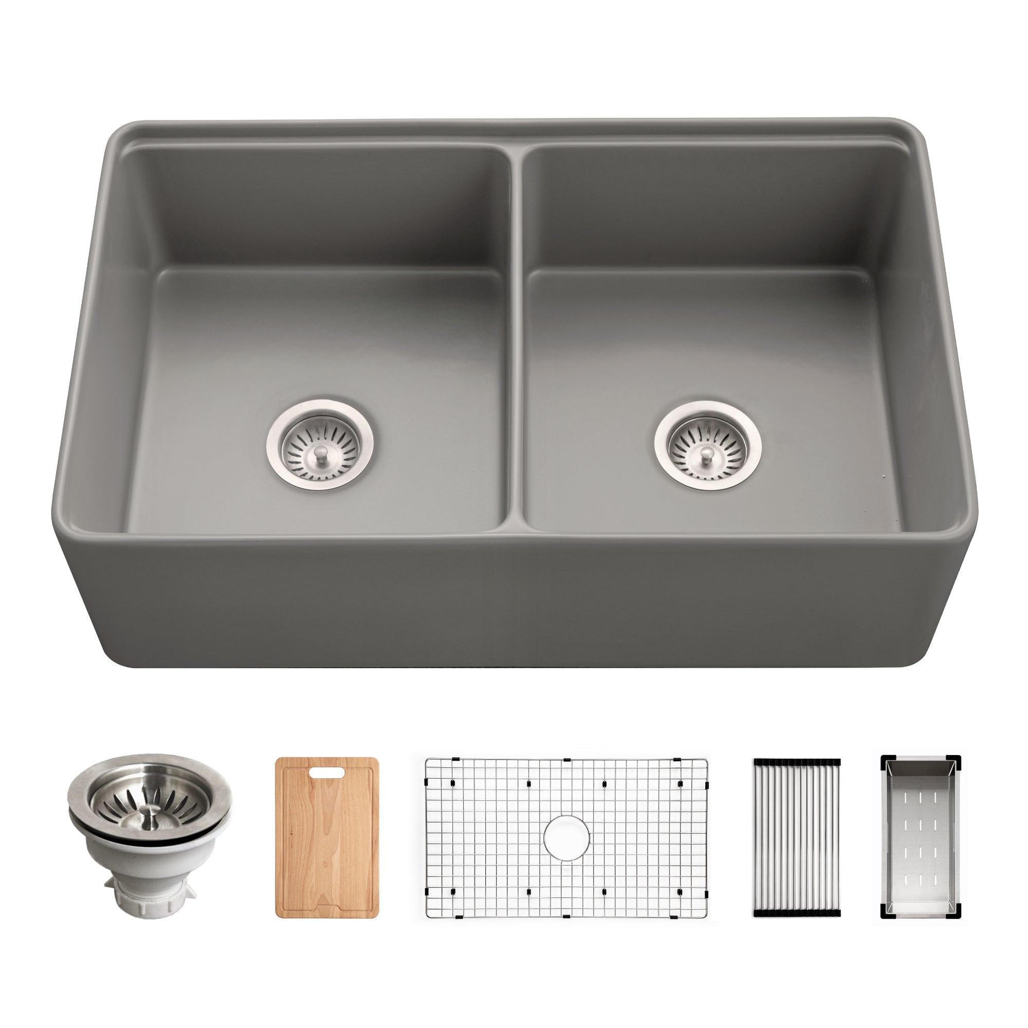Houzer Aspire 33" Fireclay Farmhouse Apron Front 50/50 Double Bowl Workstation Sink with Accessories