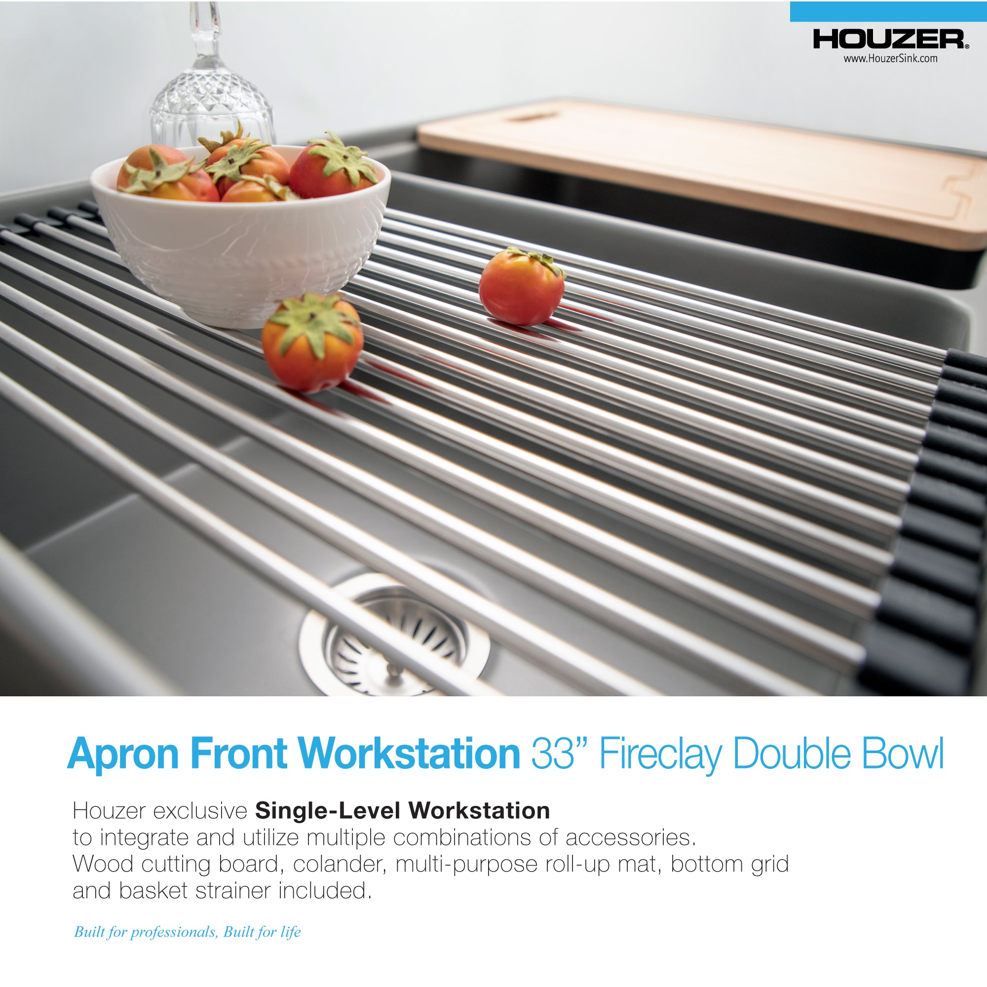Houzer Aspire 33" Fireclay Farmhouse Apron Front 50/50 Double Bowl Workstation Sink with Accessories