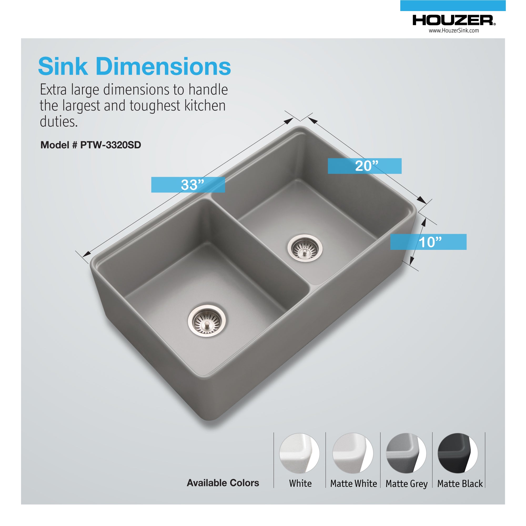 Houzer Aspire 33" Fireclay Farmhouse Apron Front 50/50 Double Bowl Workstation Sink with Accessories