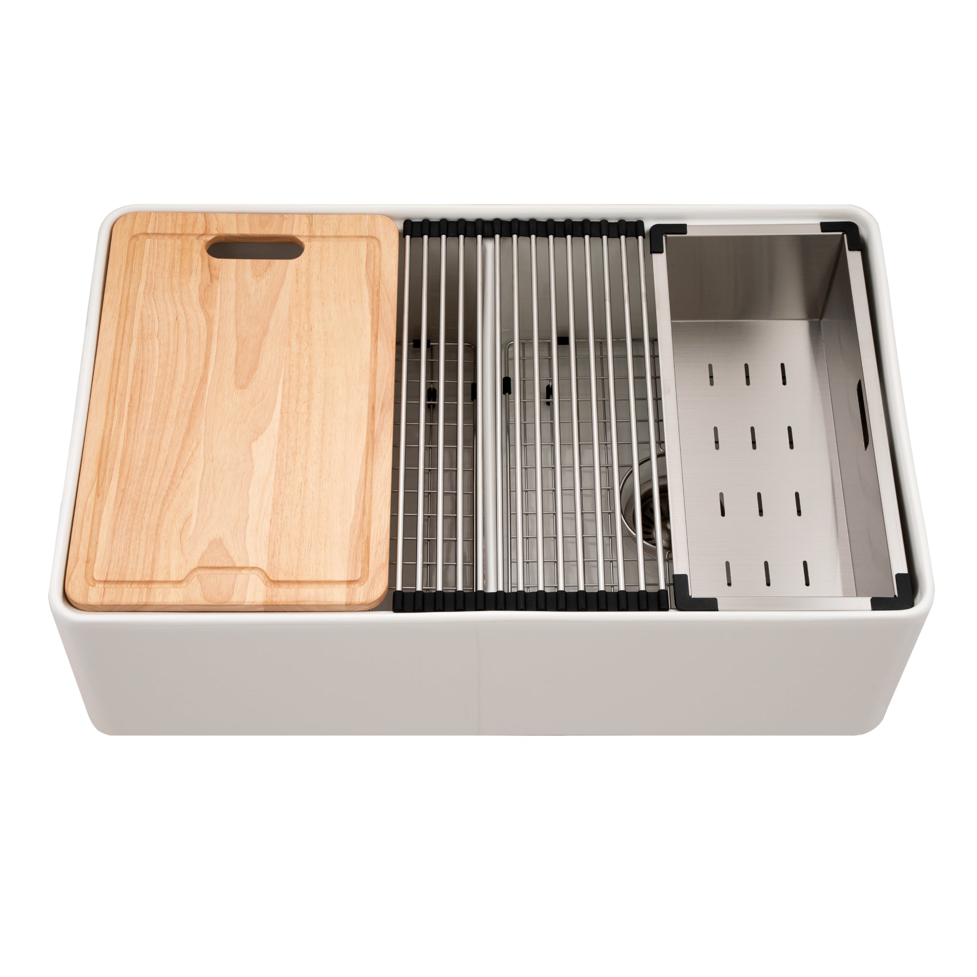 Houzer Aspire 33" Fireclay Farmhouse Apron Front 50/50 Double Bowl Workstation Sink with Accessories