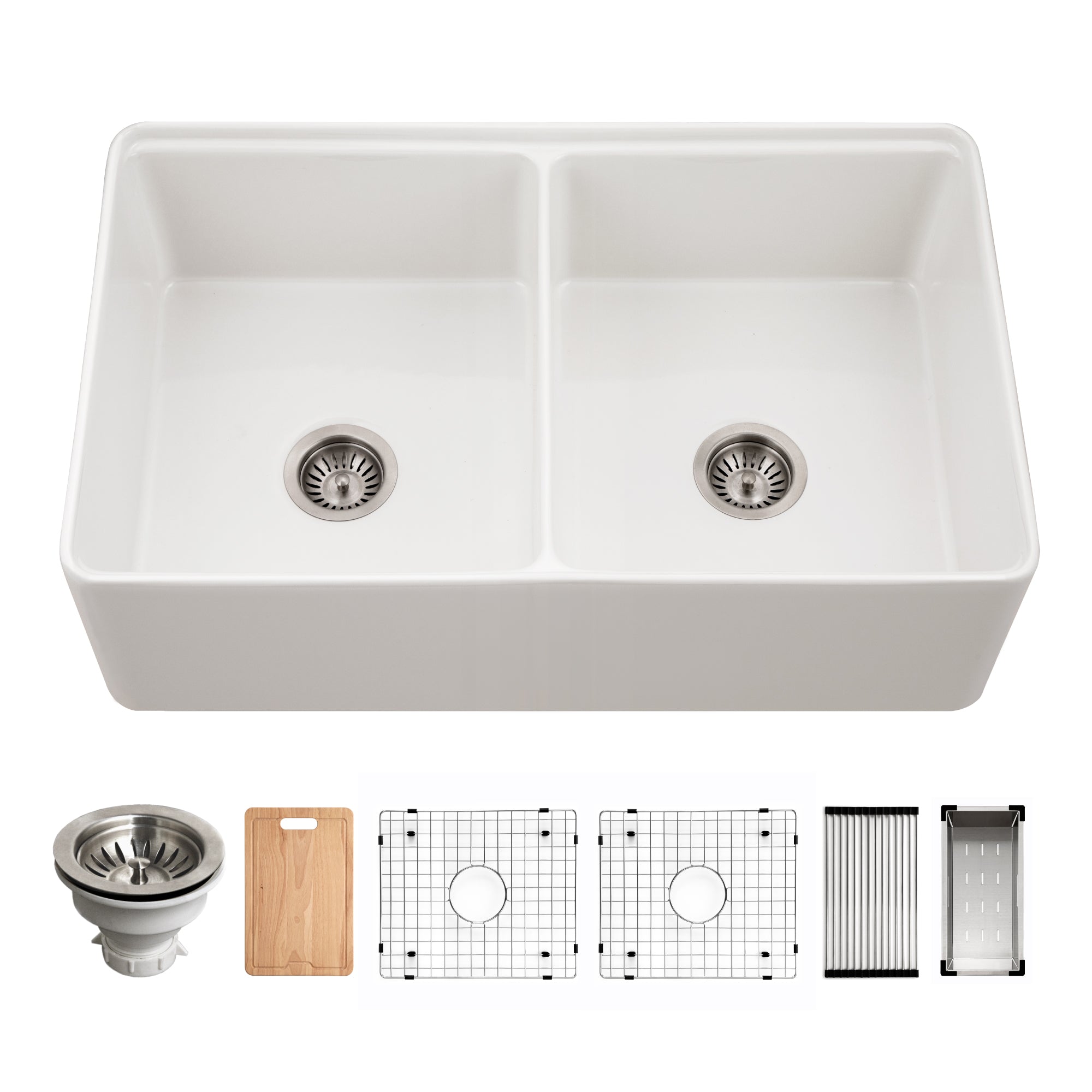 Houzer Aspire 33" Fireclay Farmhouse Apron Front 50/50 Double Bowl Workstation Sink with Accessories
