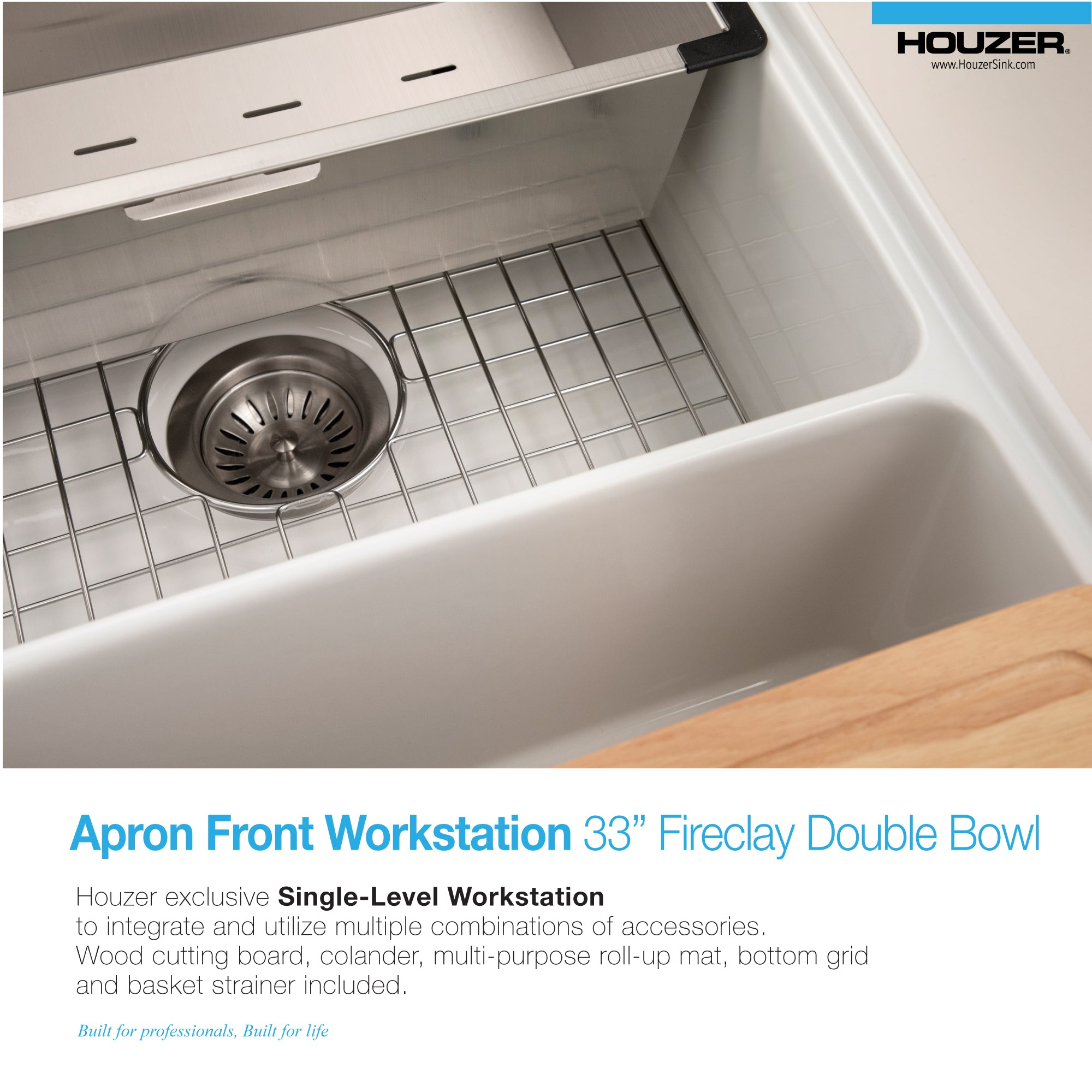 Houzer Aspire 33" Fireclay Farmhouse Apron Front 50/50 Double Bowl Workstation Sink with Accessories