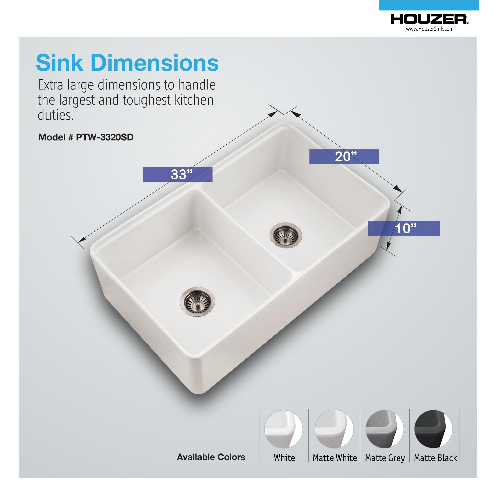 Houzer Aspire 33" Fireclay Farmhouse Apron Front 50/50 Double Bowl Workstation Sink with Accessories