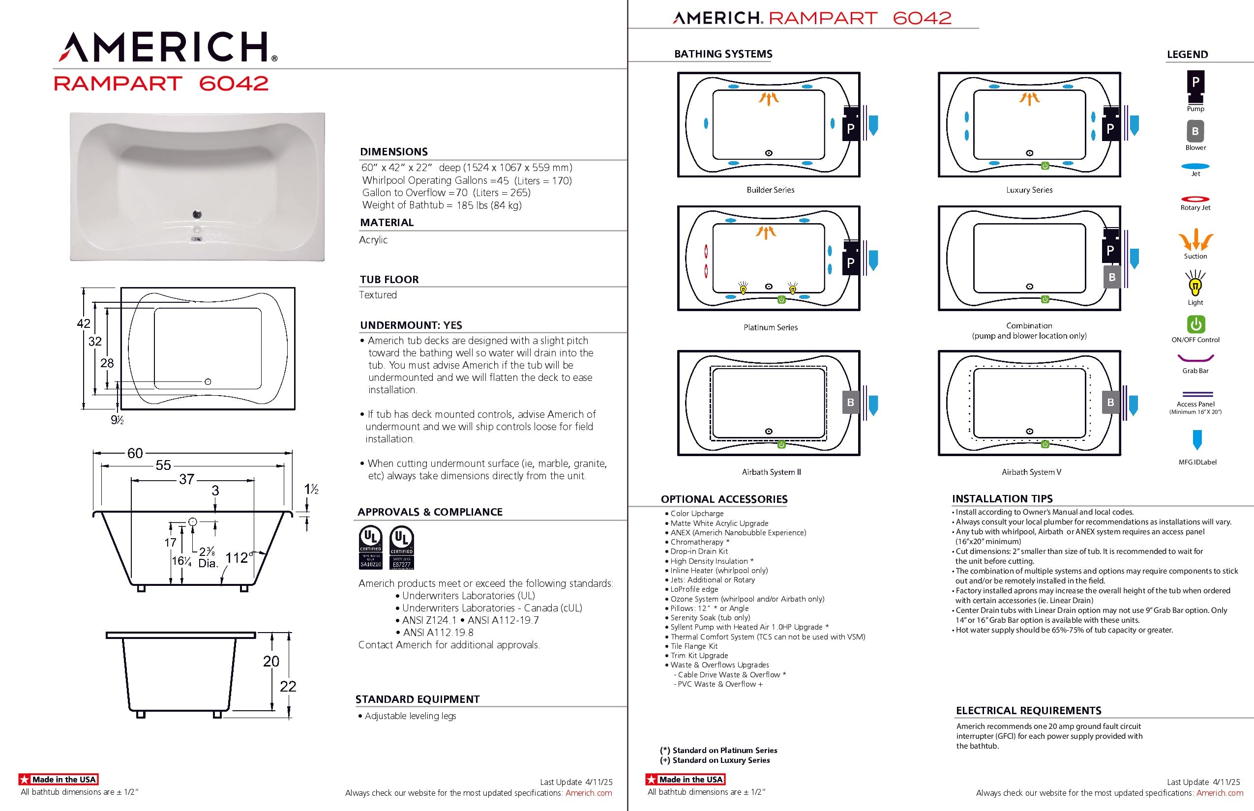 Americh Rampart 6042 - Builder Series Drop-in Bathtub RA6042B-WH