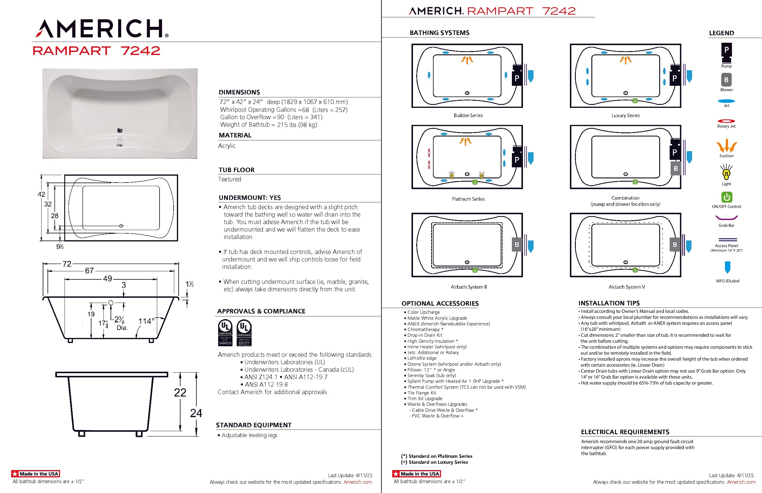 Americh Rampart 7242 - Luxury Series Drop-in Bathtub RA7242L-WH