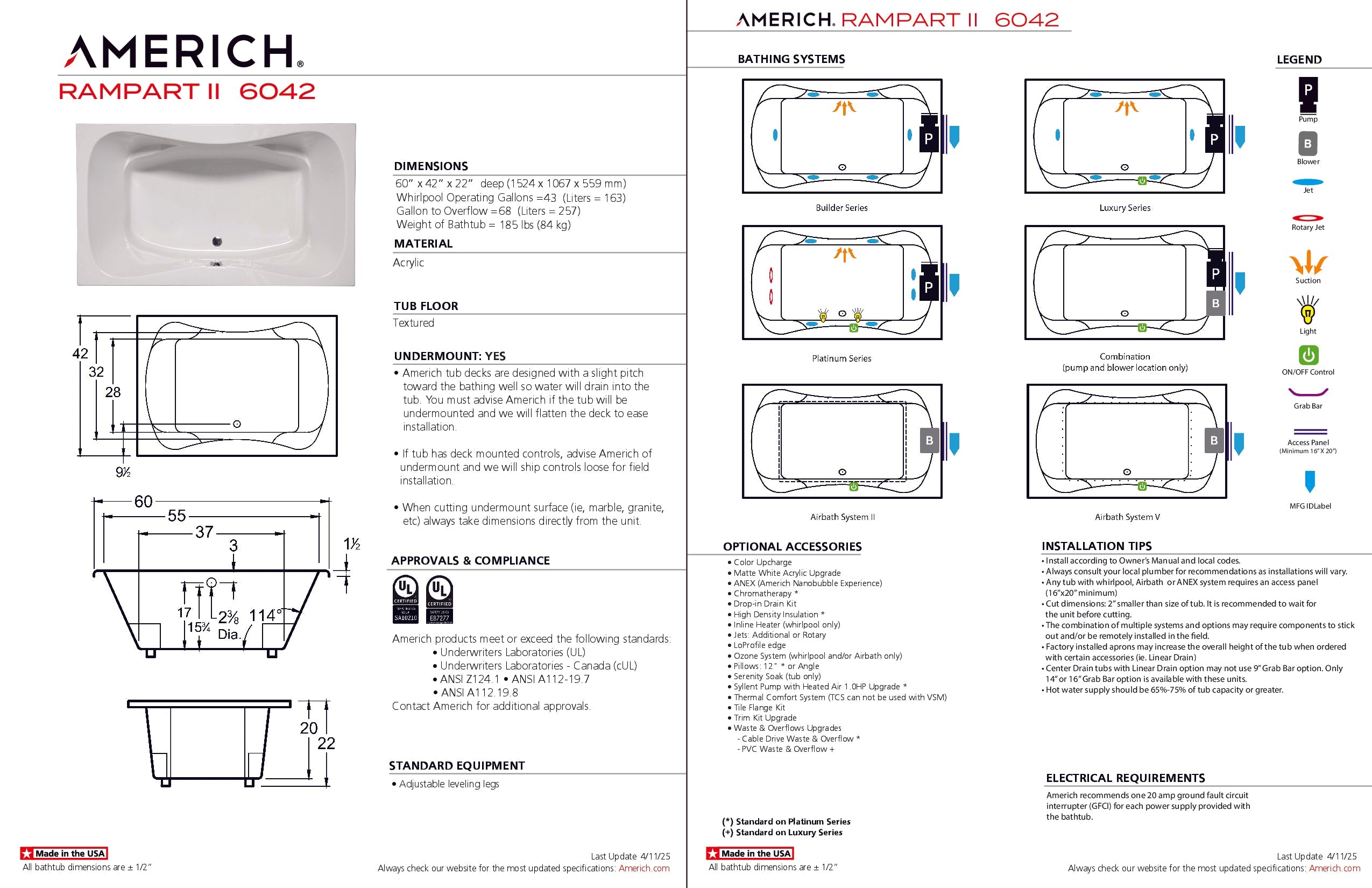 Americh Rampart II 6042 - Luxury Series Drop-in Bathtub RA6042L2-WH