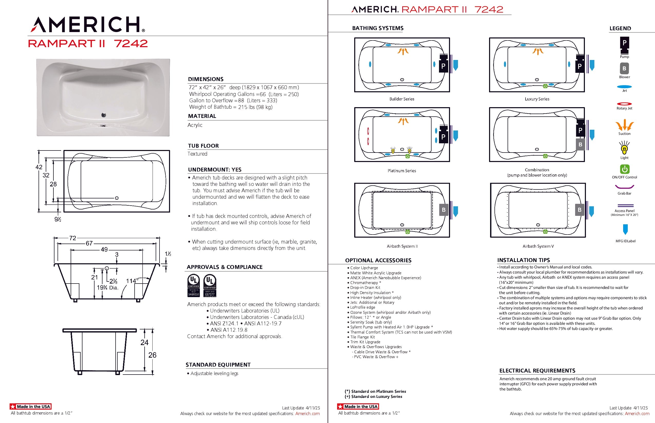 Americh Rampart II 7242 - Builder Series Drop-in Bathtub RA7242B2-WH