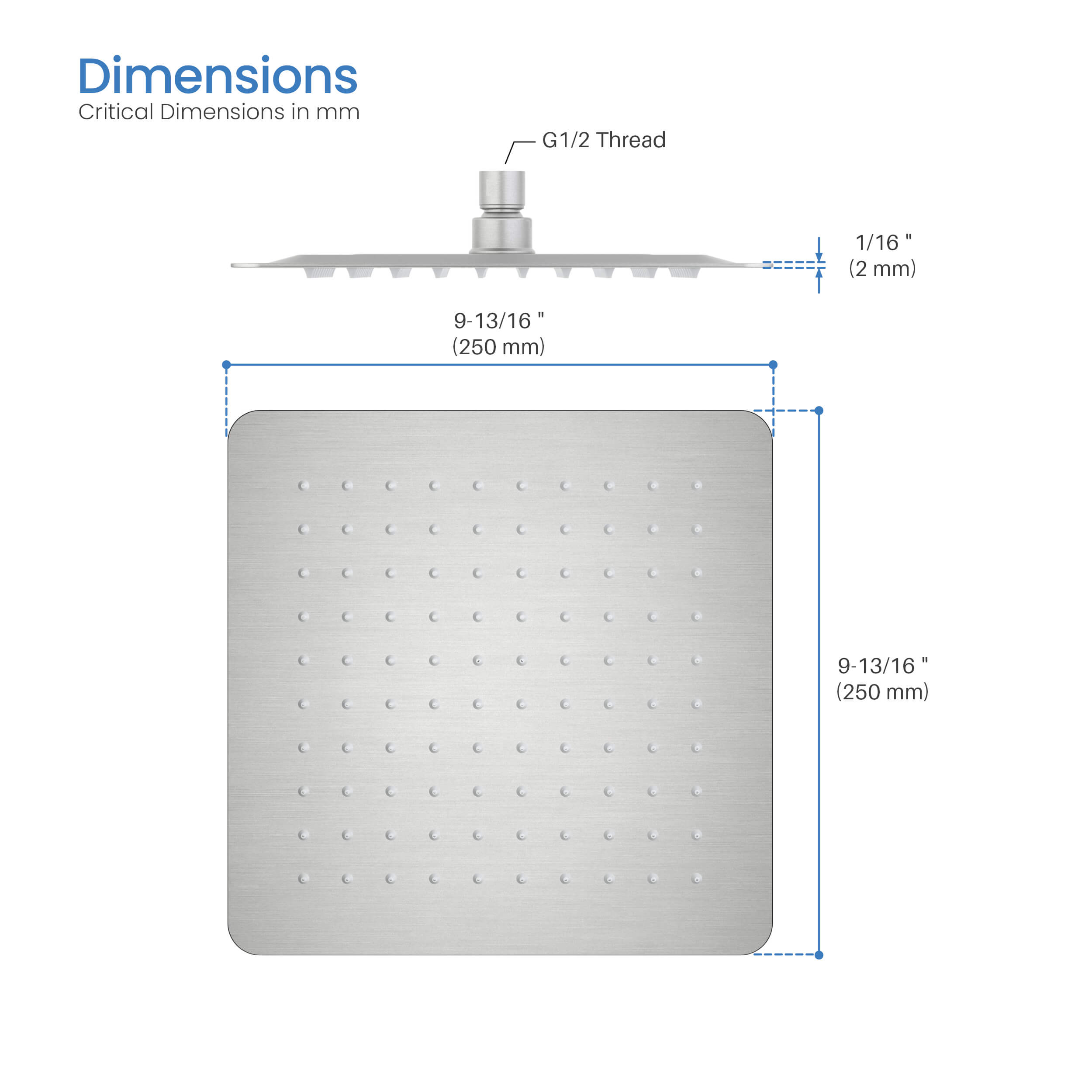 Quadra 10" Metal Rain Shower Head 2mm Ultra Thin Profile
