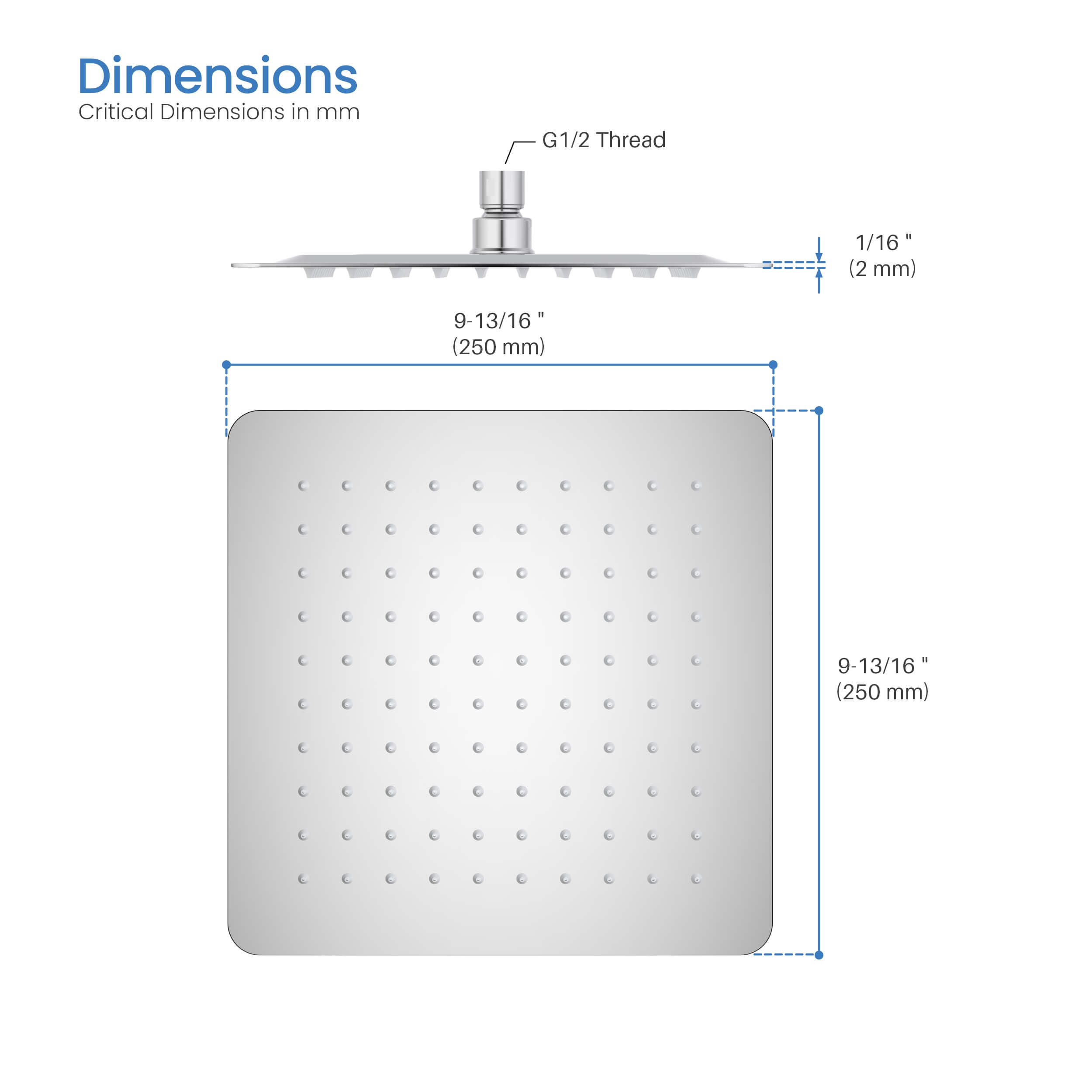 Quadra 10" Metal Rain Shower Head 2mm Ultra Thin Profile