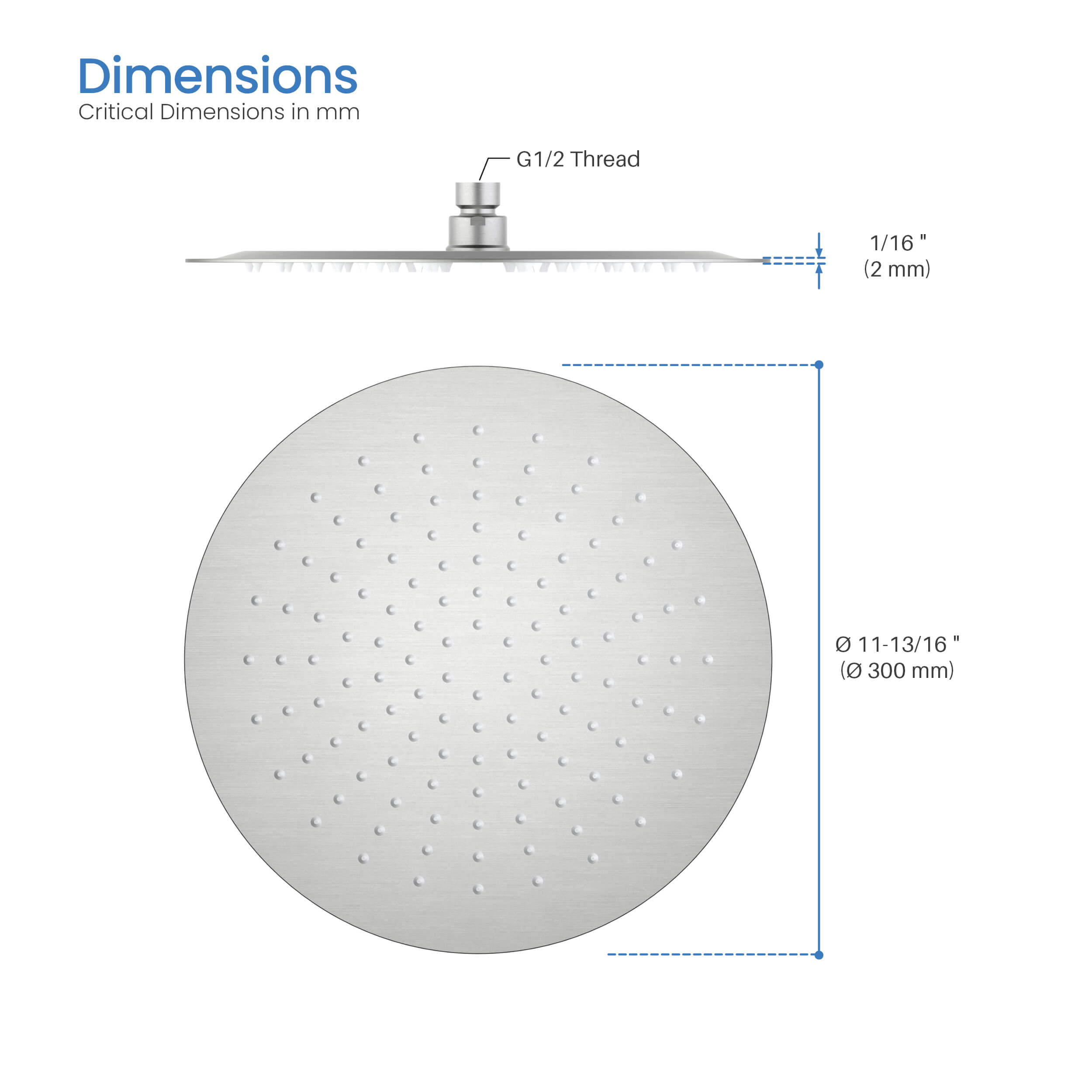 Halo 12" Metal Rain Shower Head 2mm Ultra Thin Profile
