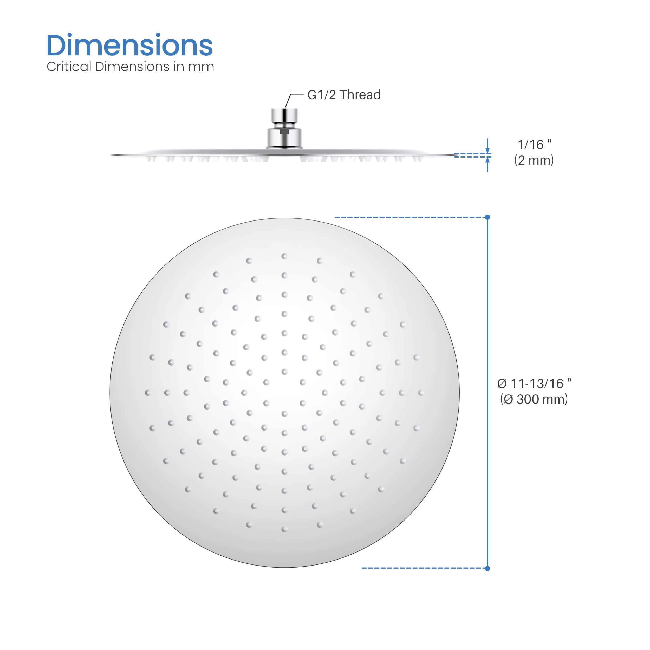 Halo 12" Metal Rain Shower Head 2mm Ultra Thin Profile