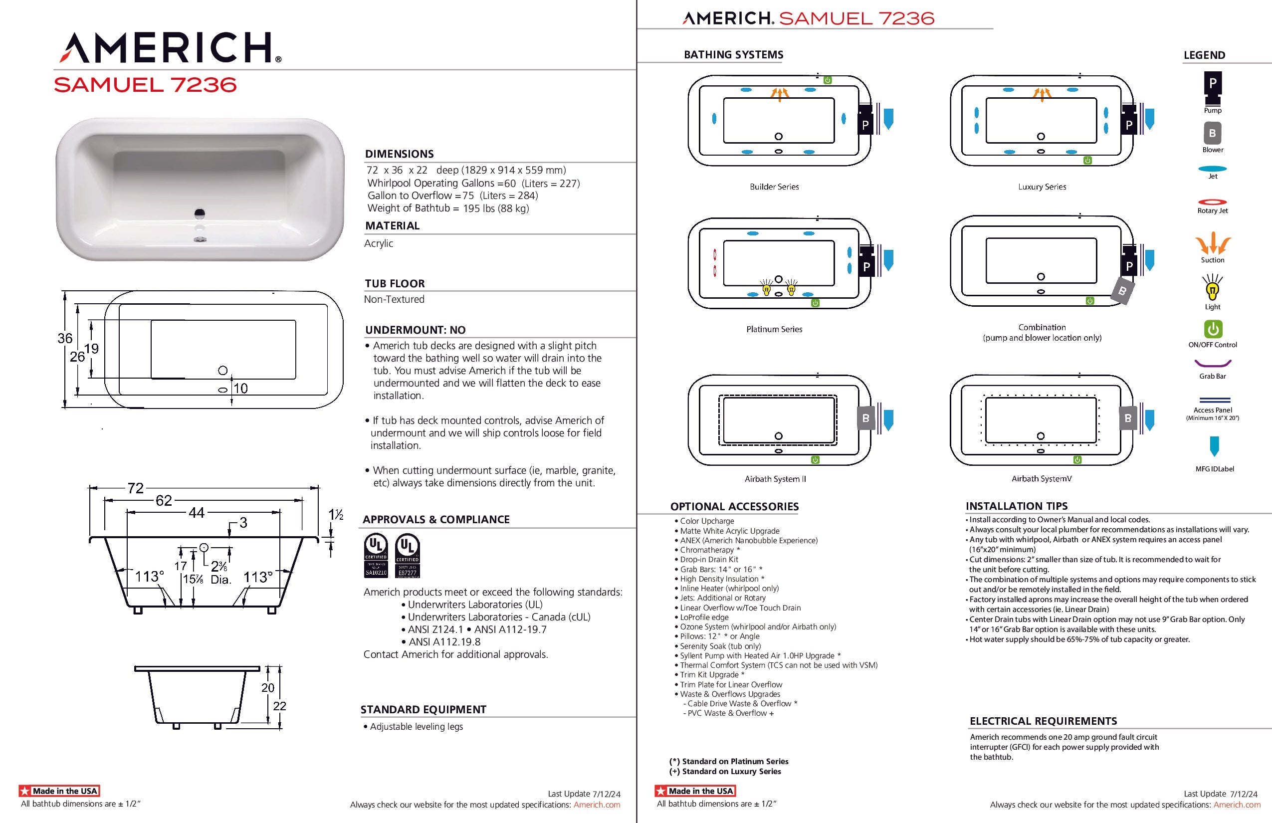 Americh Samuel 7236 - Tub Only Drop-in Bathtub SM7236T-WH