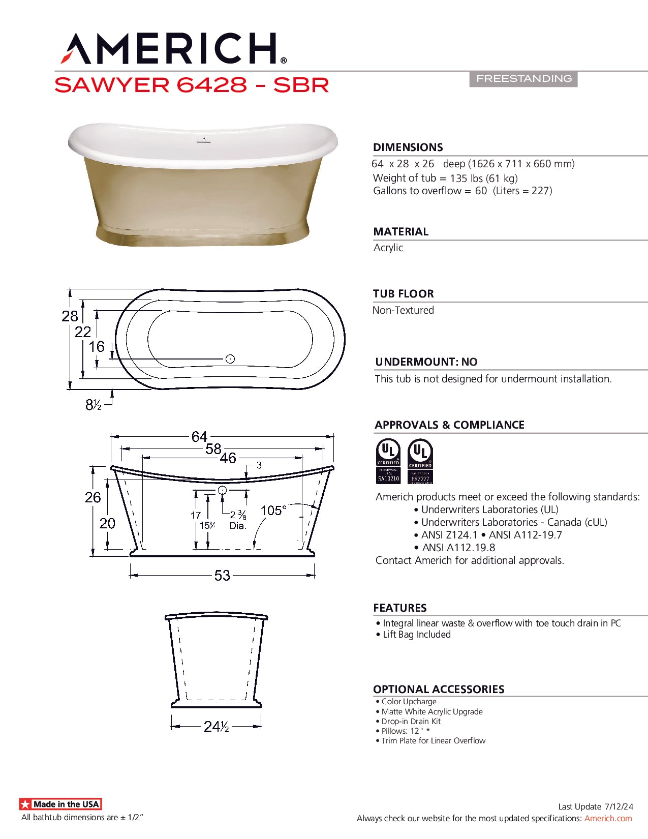 Americh Sawyer 6428 - Tub Only Freestanding Bathtub SW6428T-HNI