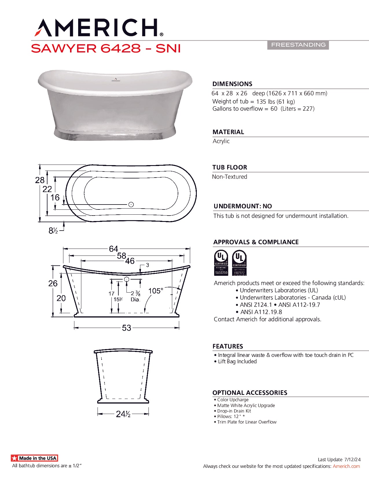 Americh Sawyer 6428 - Tub Only Freestanding Bathtub SW6428T-HNI
