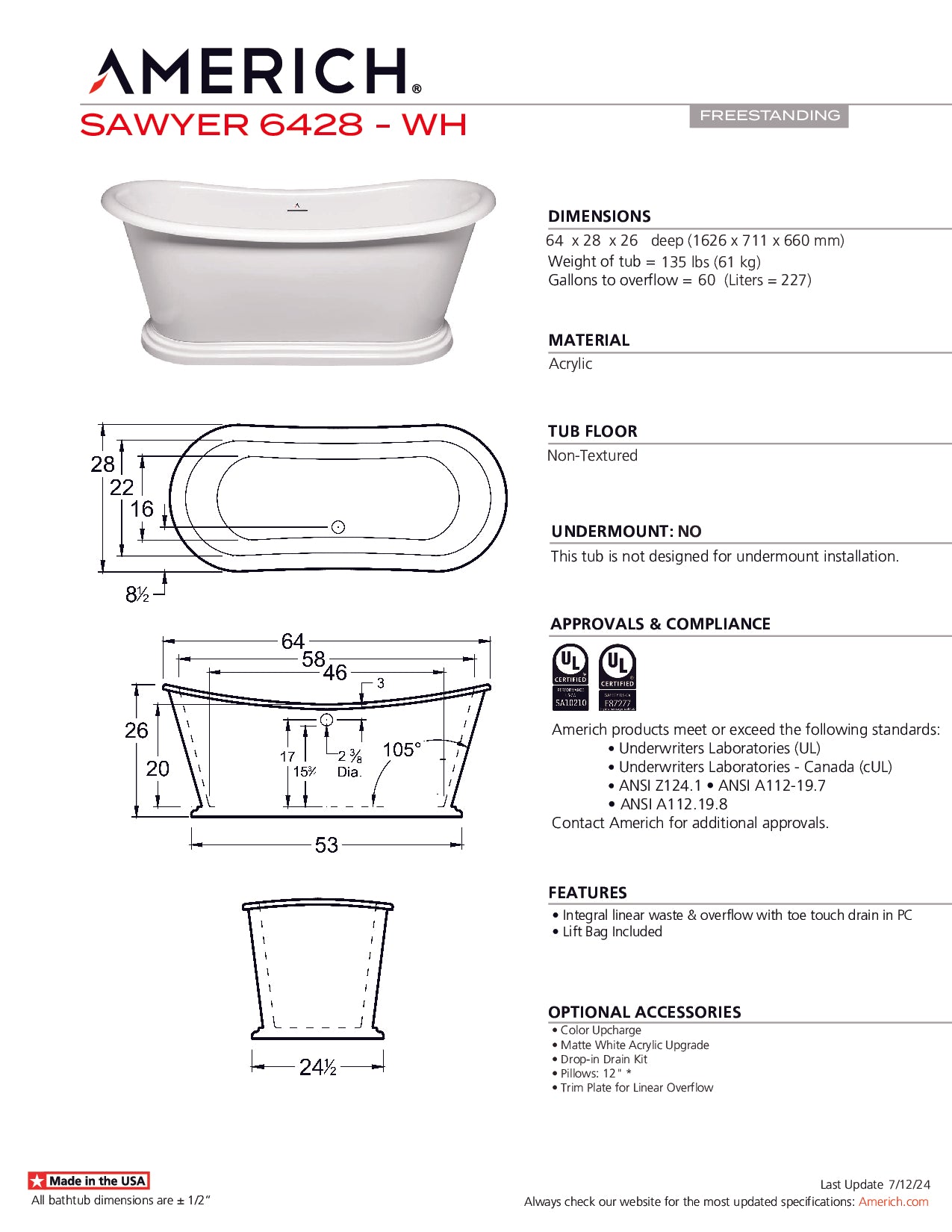 Americh Sawyer 6428 - Tub Only Freestanding Bathtub SW6428T-HNI