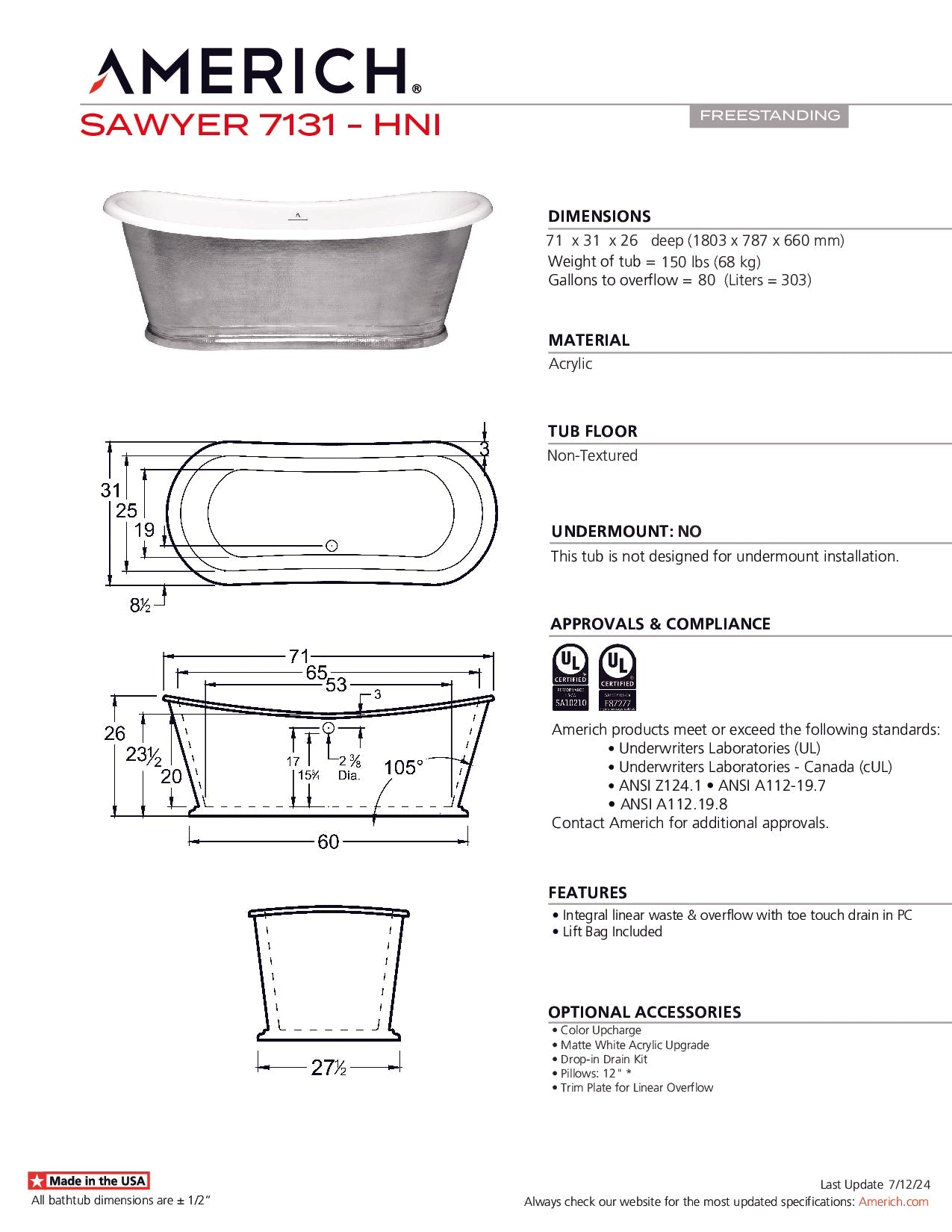 Americh Sawyer 7131 - Tub Only Freestanding Bathtub SW7131T-HNI