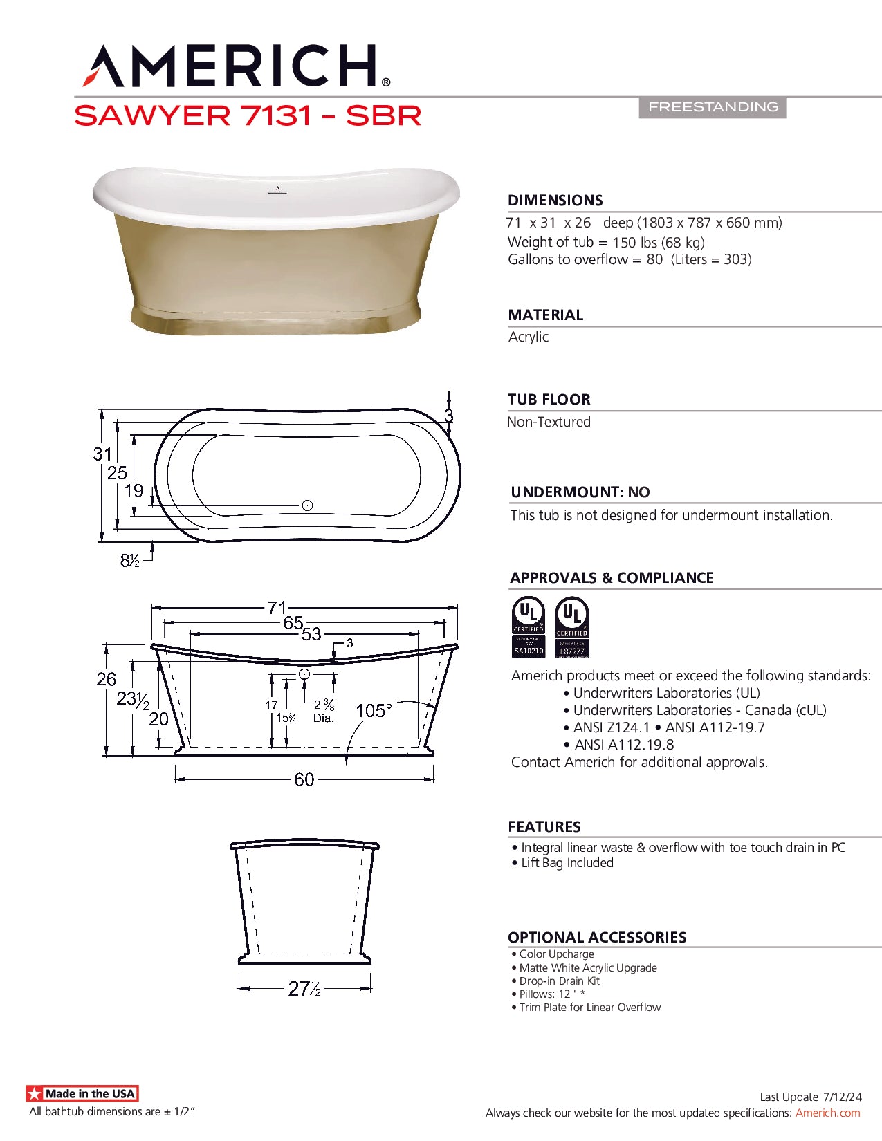 Americh Sawyer 7131 - Tub Only Freestanding Bathtub SW7131T-HNI