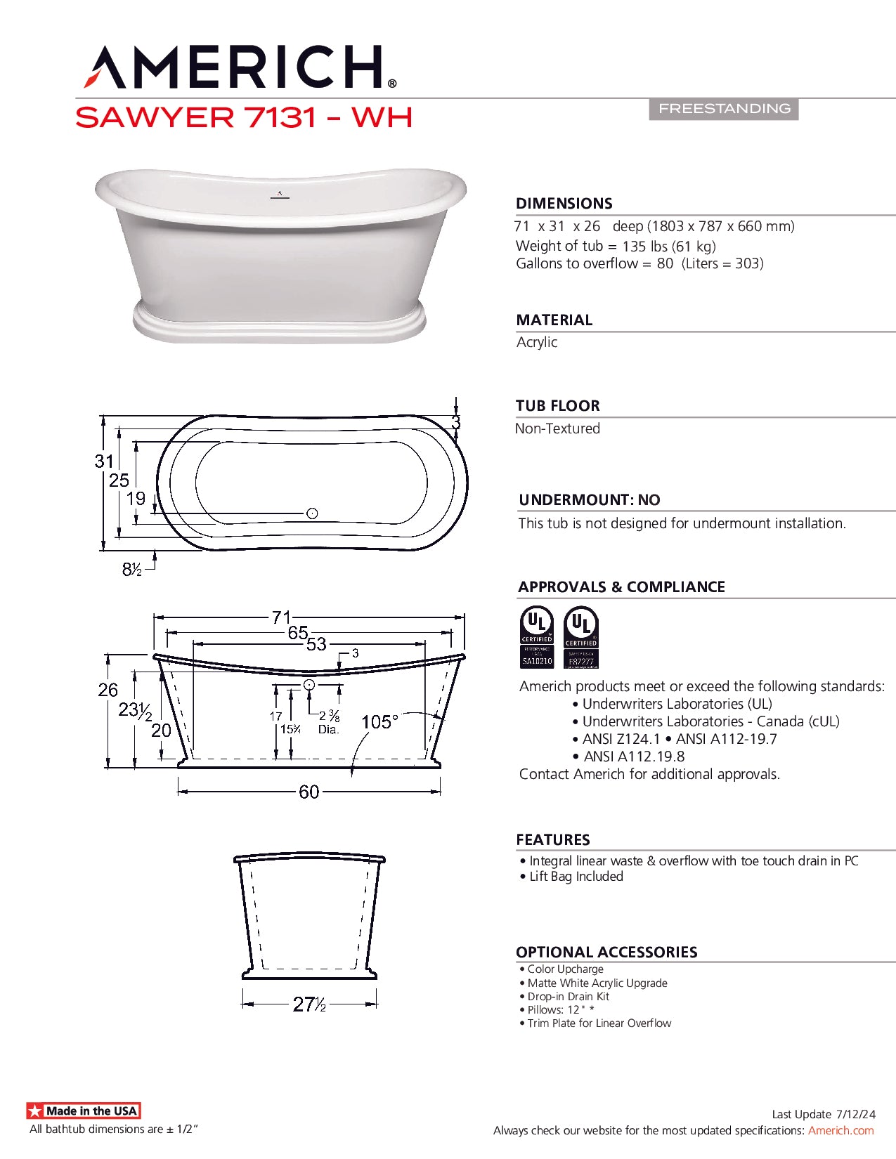 Americh Sawyer 7131 - Tub Only Freestanding Bathtub SW7131T-HNI