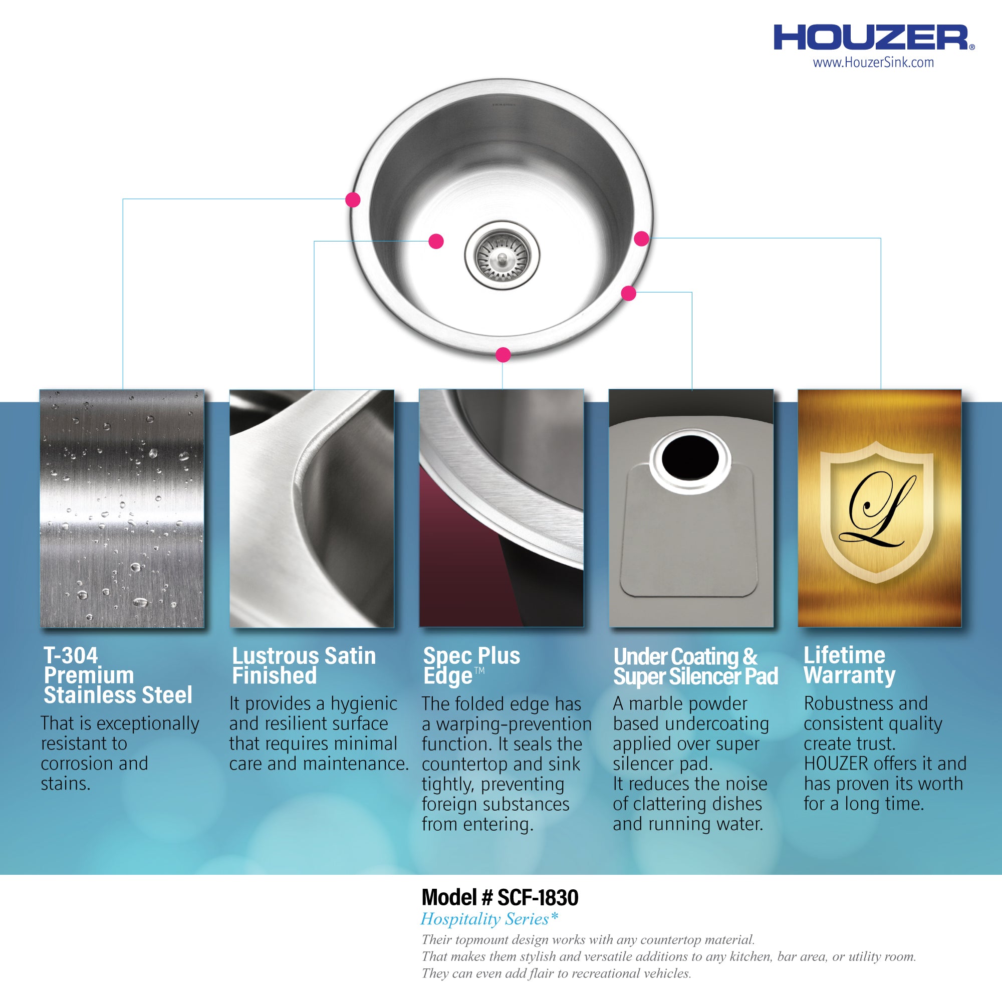 Houzer Hospitality 18" Stainless Steel Drop-in Topmount Round Bar and Prep Sink with Strainer