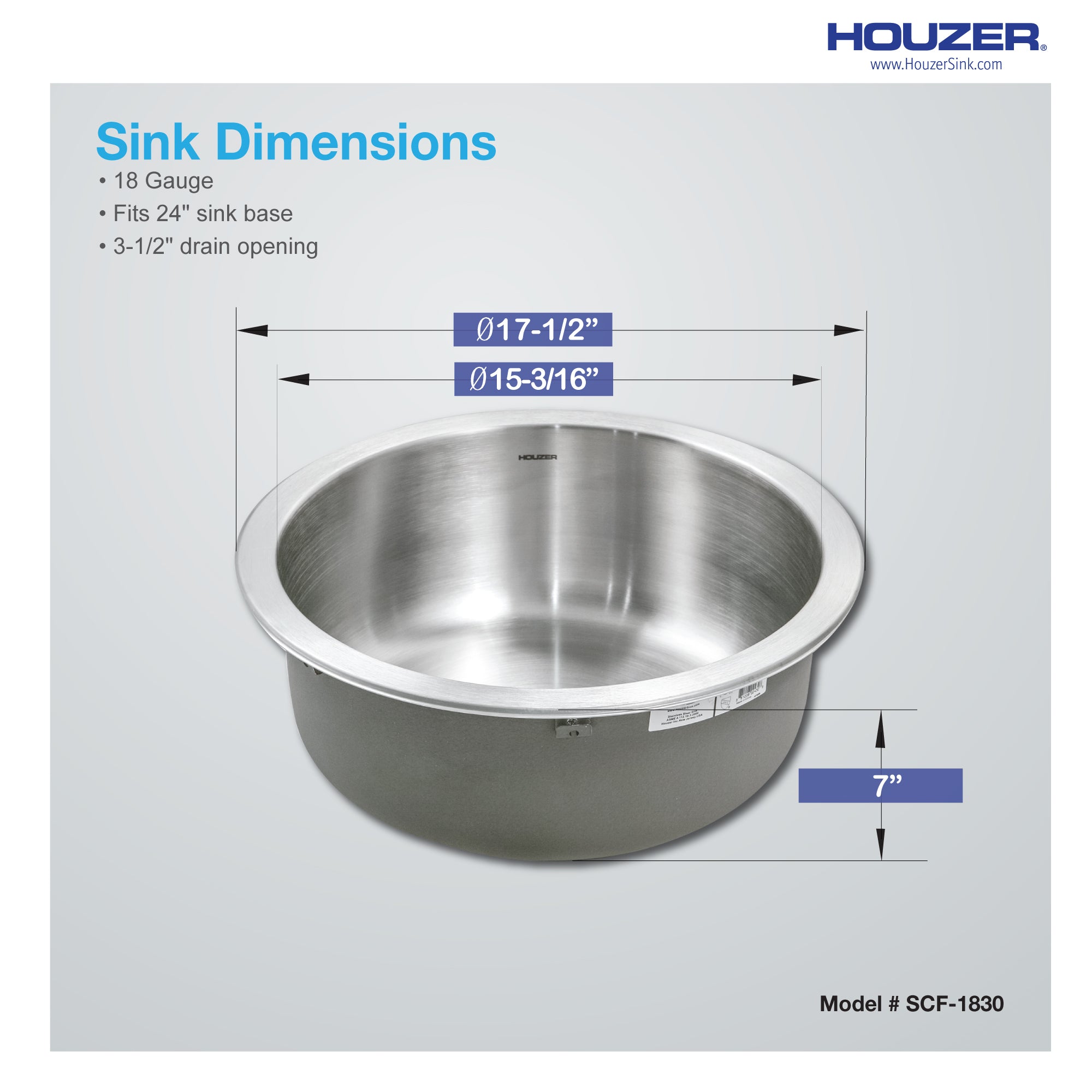 Houzer Hospitality 18" Stainless Steel Drop-in Topmount Round Bar and Prep Sink with Strainer