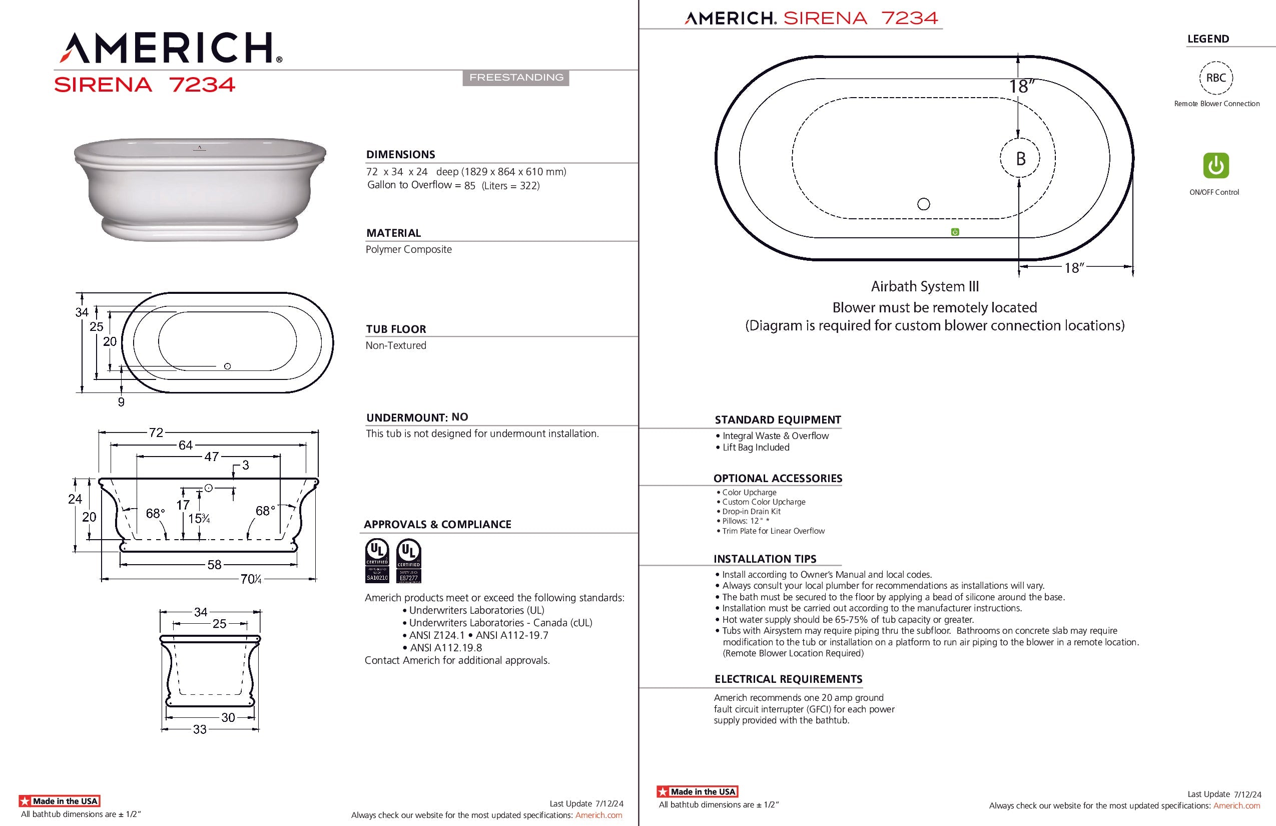 Americh Sirena 7234 - Tub Only Freestanding Bathtub SF7234T-WH