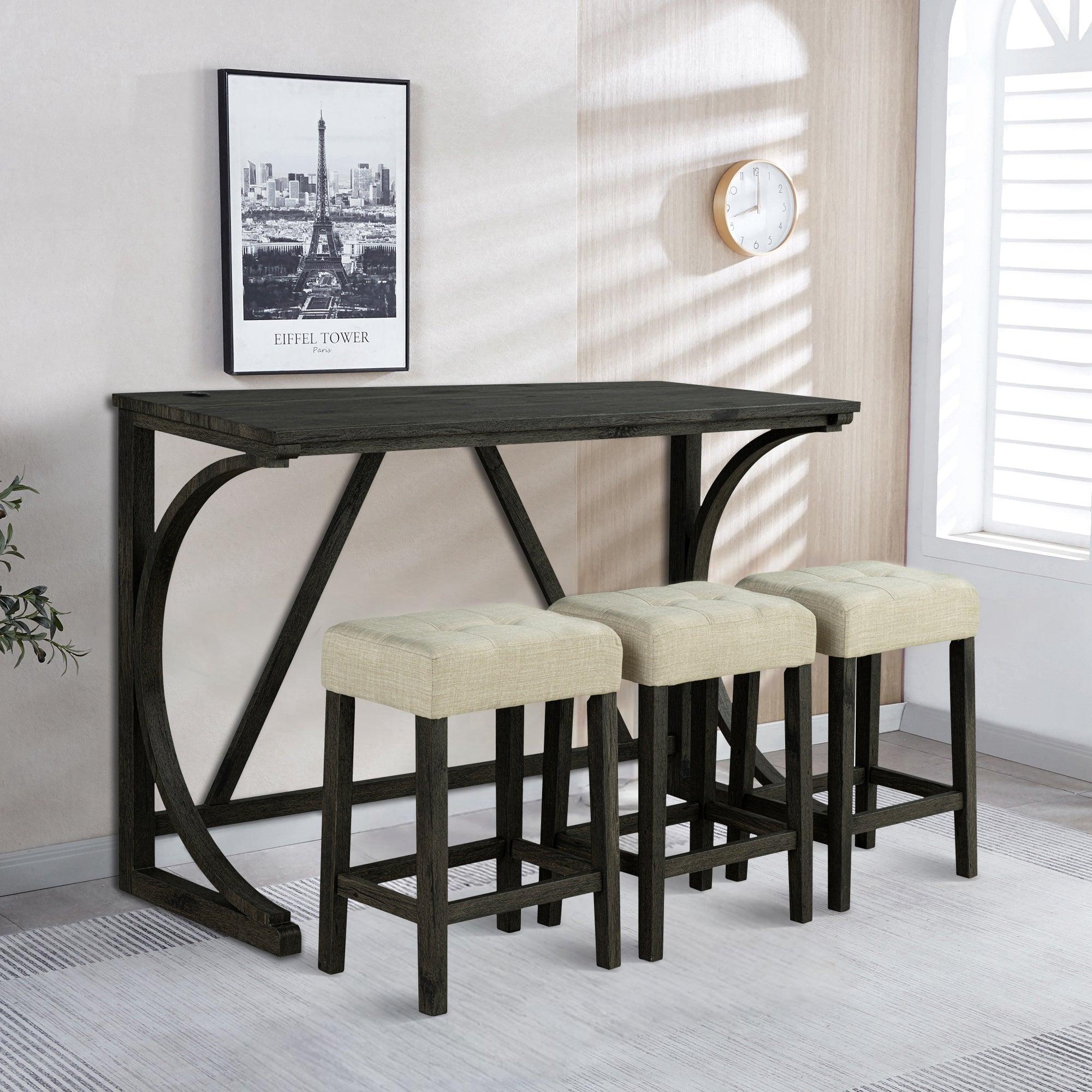 59" Rustic Dining&Bar Table Set with 3 Stools for Apartment, USB-A & USB-C Charging Ports