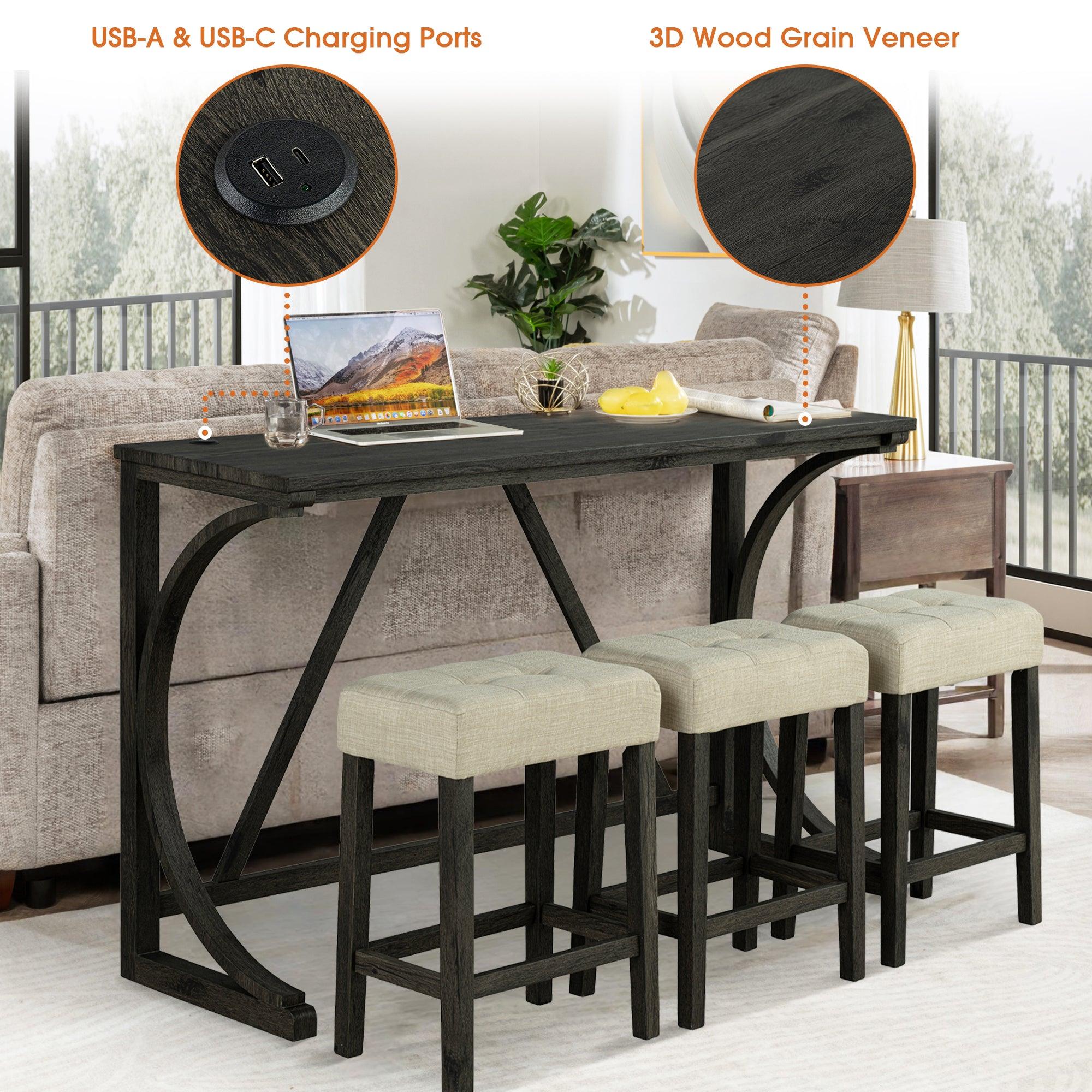 59" Rustic Dining&Bar Table Set with 3 Stools for Apartment, USB-A & USB-C Charging Ports