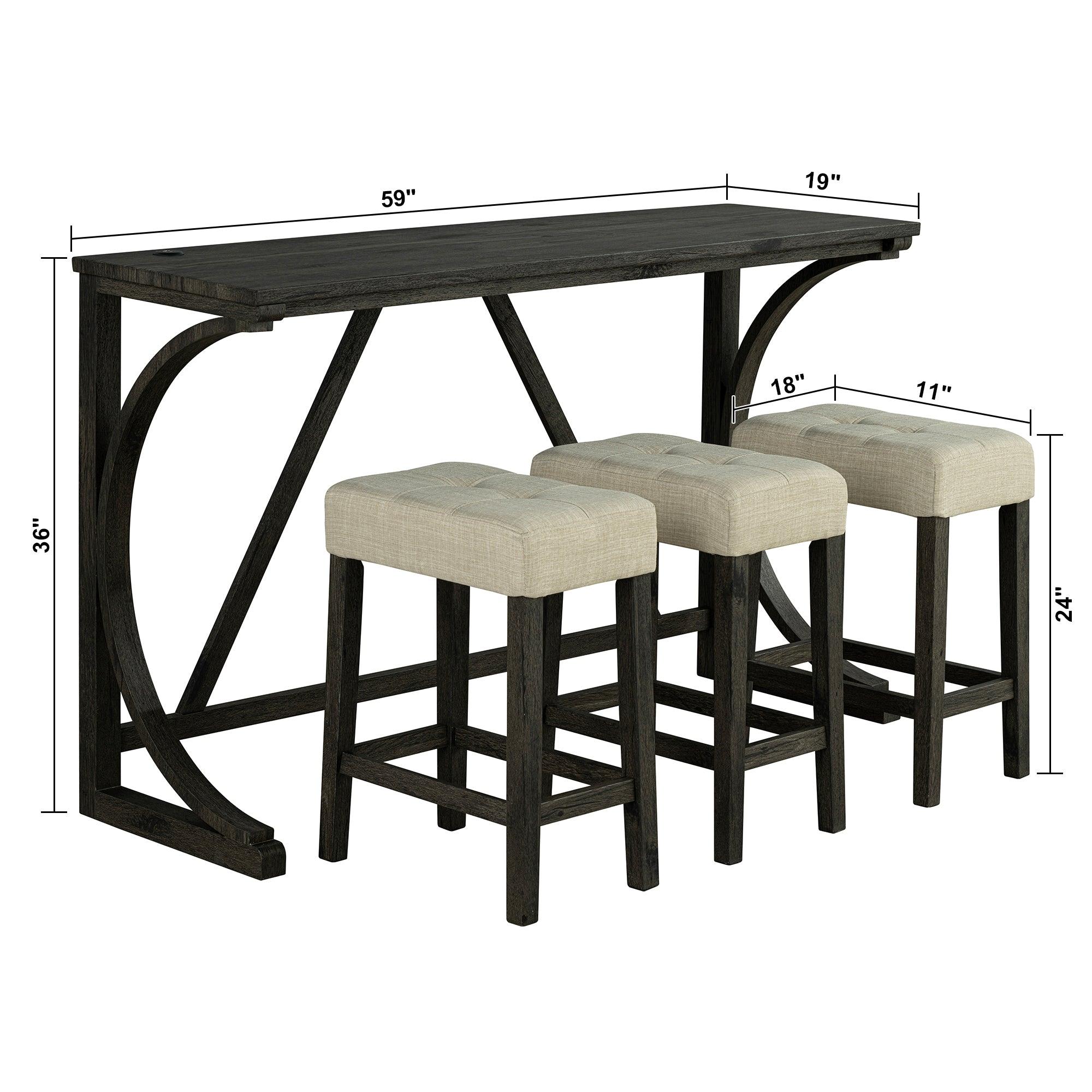 59" Rustic Dining&Bar Table Set with 3 Stools for Apartment, USB-A & USB-C Charging Ports