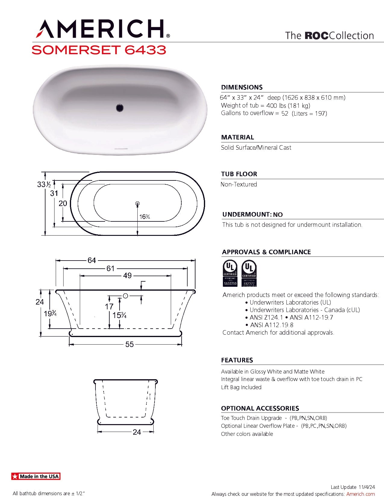 Americh Somerset 6433 - ROC ROC Bathtub RC2216-GW