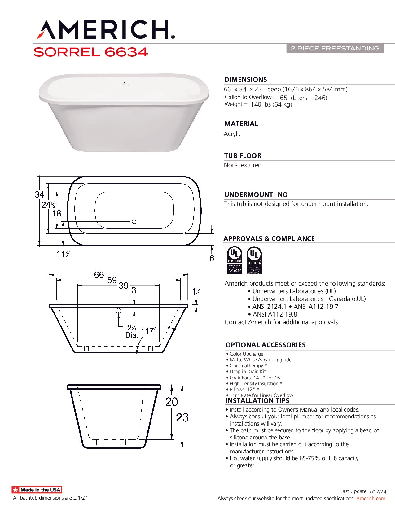 Americh Sorrel 6634 - Tub Only 2pc Freestanding Bathtub SL6634T-WH