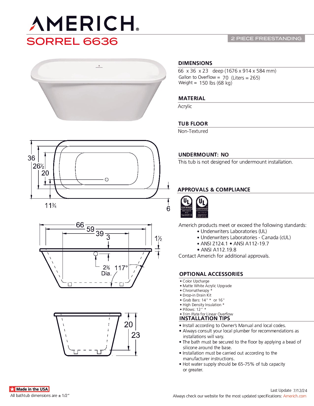 Americh Sorrel 6636 - Tub Only 2pc Freestanding Bathtub SL6636T-WH