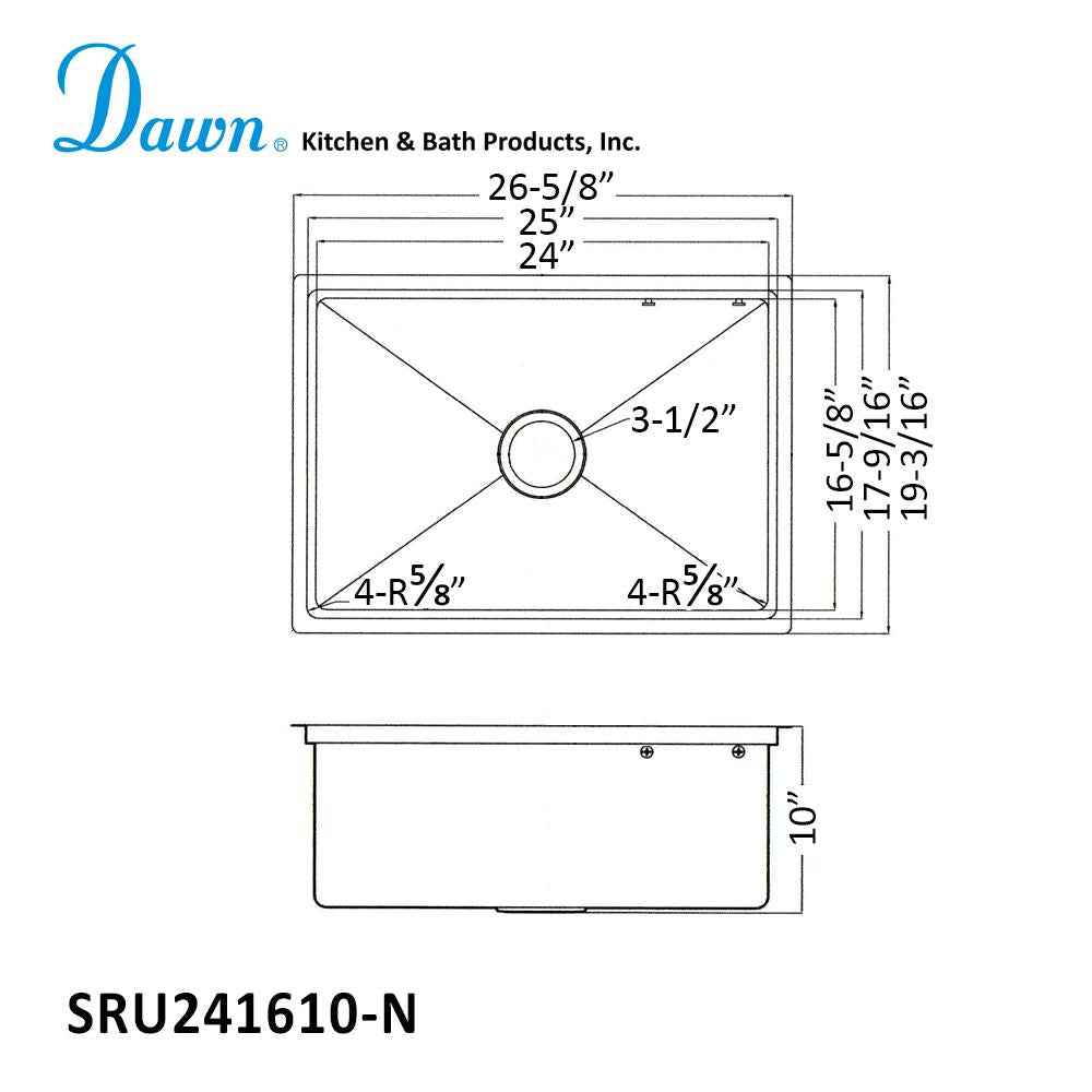 Dawn Handmade Stainless Steel Undermount Small Corner Radius Single Bowl  Kitchen Sink SRU241610-N