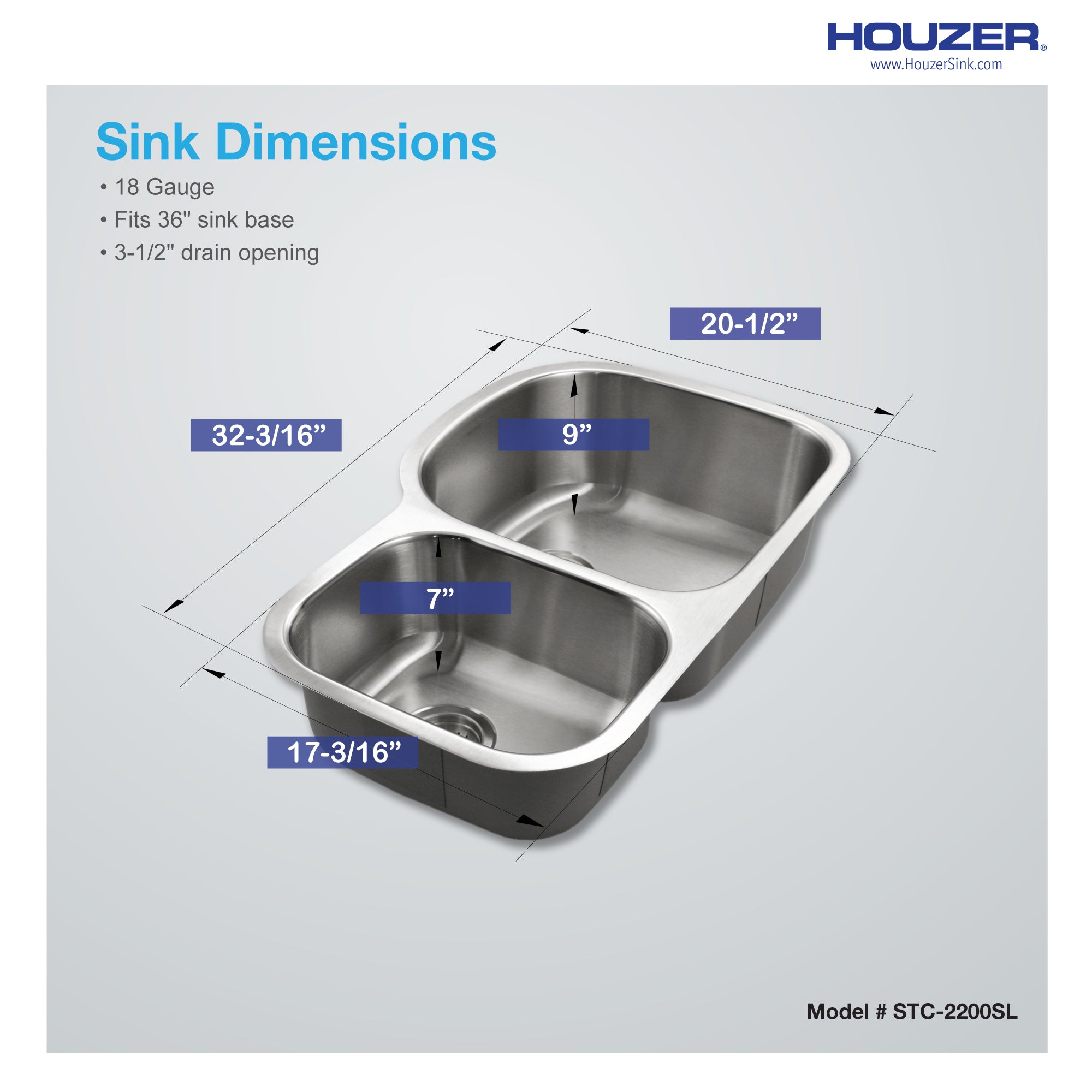 Houzer Eston 32" Stainless Steel Undermount 70/30 Double Small Left Bowl Offset Kitchen Sink