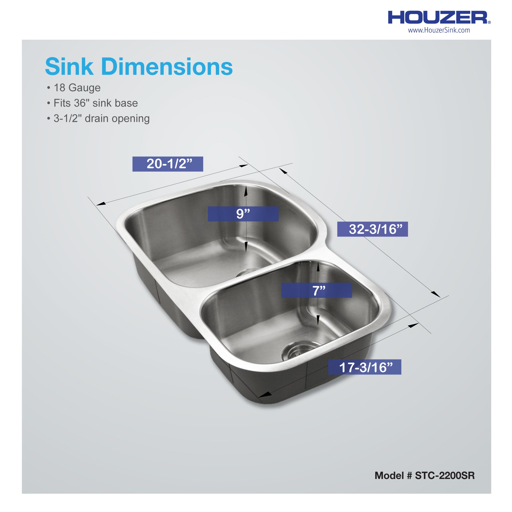 Houzer Eston 32" Stainless Steel Undermount 70/30 Double Small Right Bowl Offset Kitchen Sink