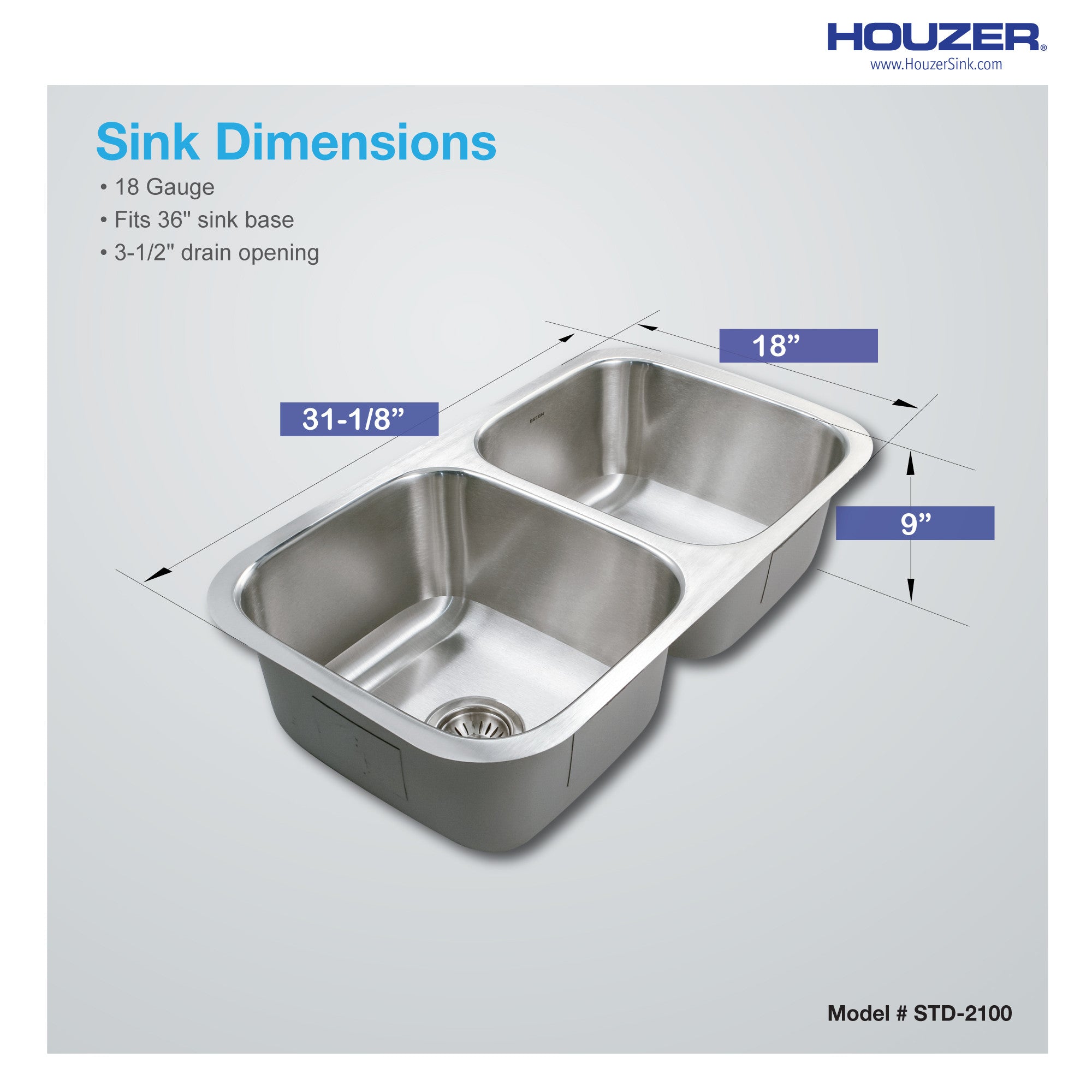 Houzer Eston 31 inch Stainless Steel Undermount 50/50 Double Bowl Kitchen Sink - STD-2100