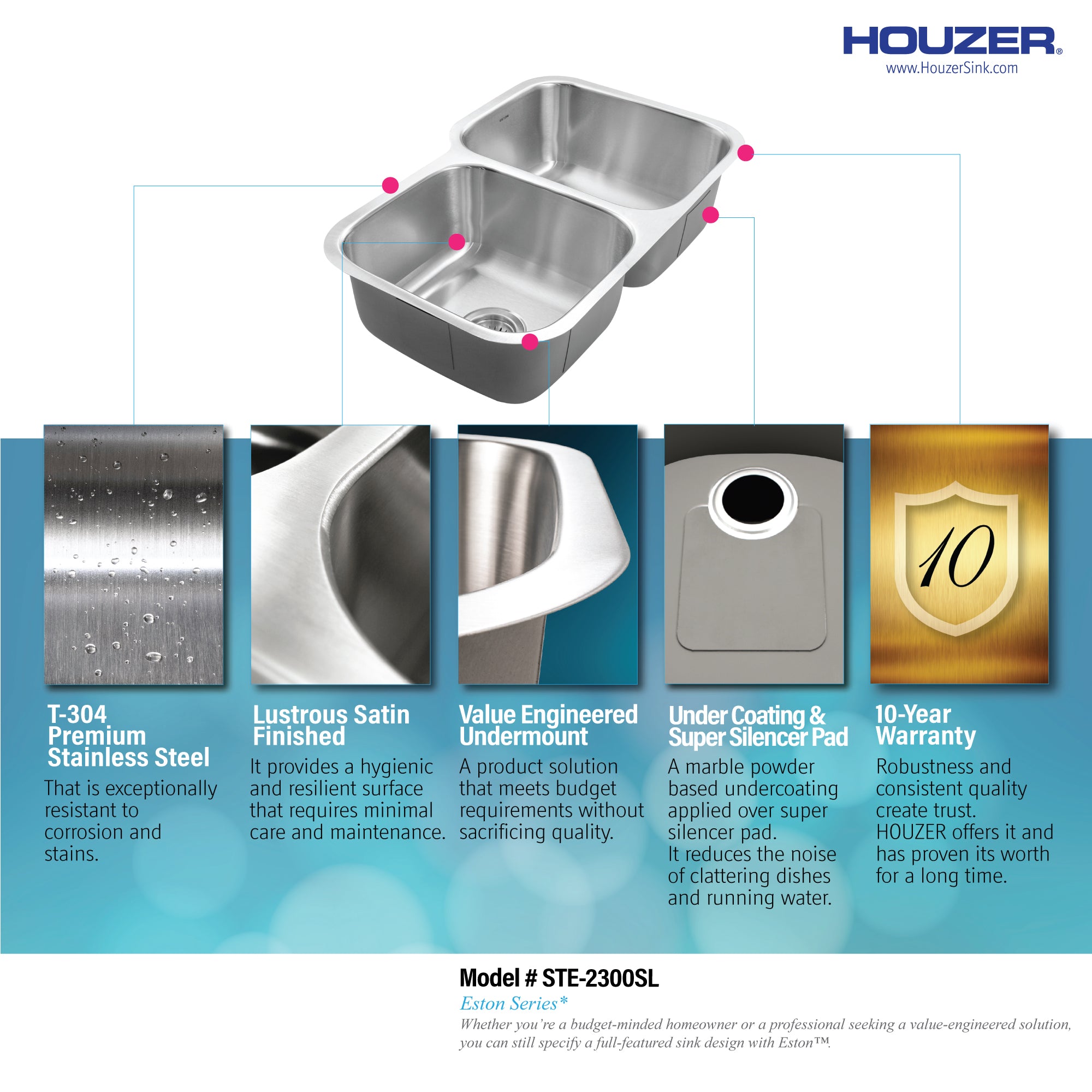 Houzer Eston 31" Stainless Steel Undermount 60/40 Double Small Left Bowl Offset Kitchen Sink