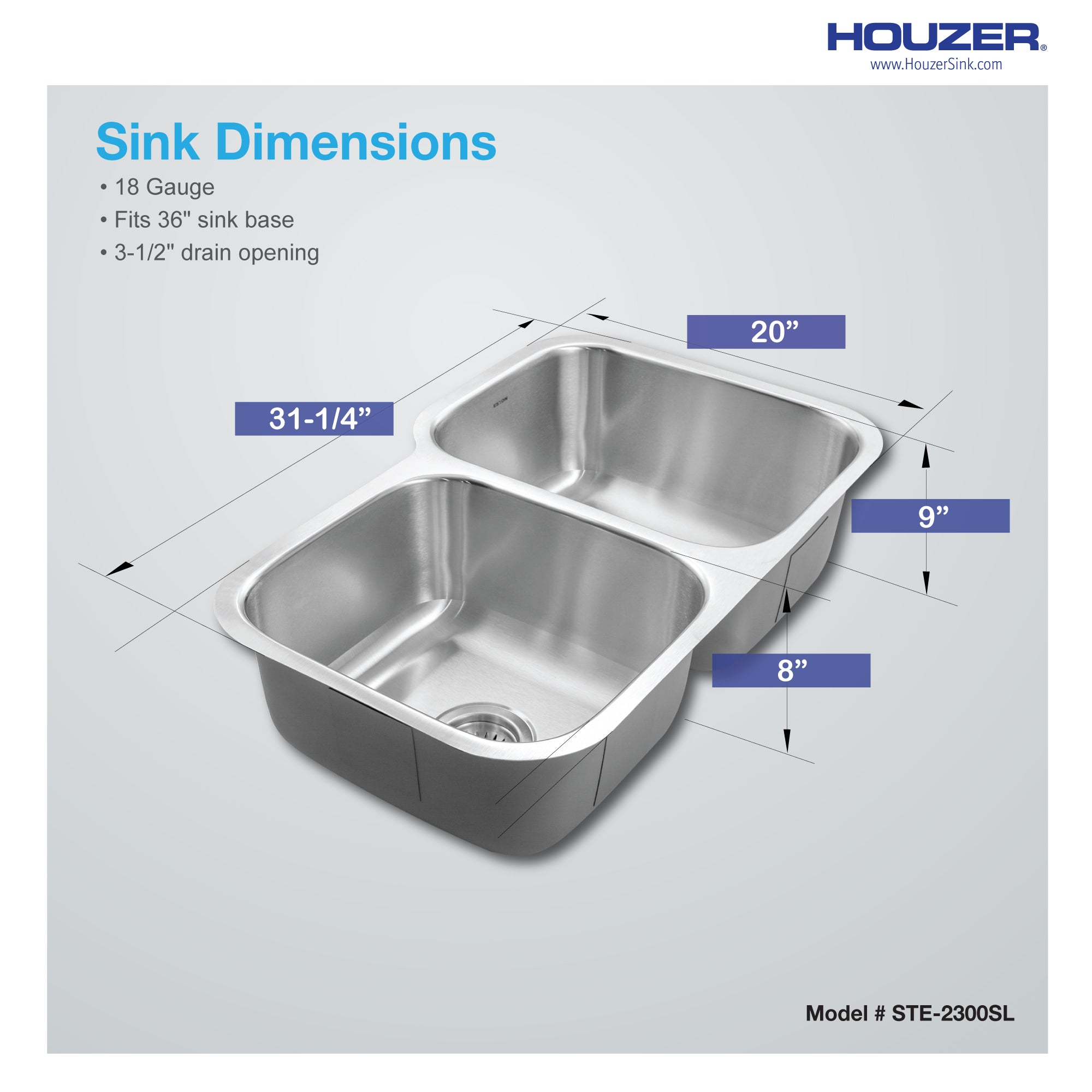 Houzer Eston 31" Stainless Steel Undermount 60/40 Double Small Left Bowl Offset Kitchen Sink