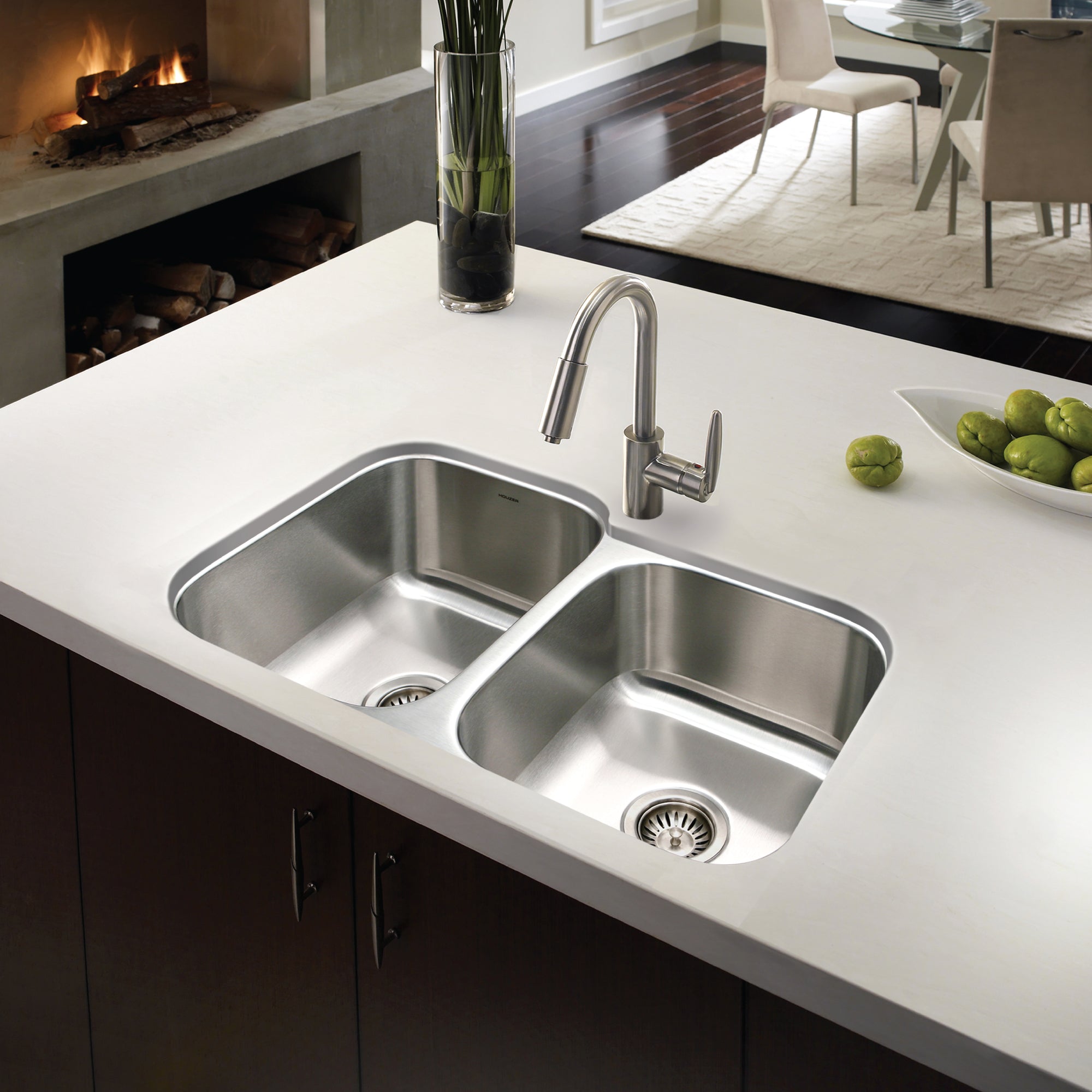 Houzer Eston 31" Stainless Steel Undermount 60/40 Double Small Right Bowl Offset Kitchen Sink