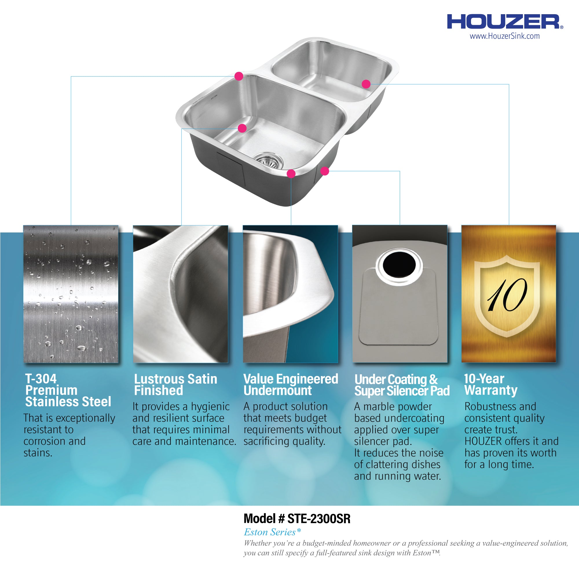 Houzer Eston 31" Stainless Steel Undermount 60/40 Double Small Right Bowl Offset Kitchen Sink