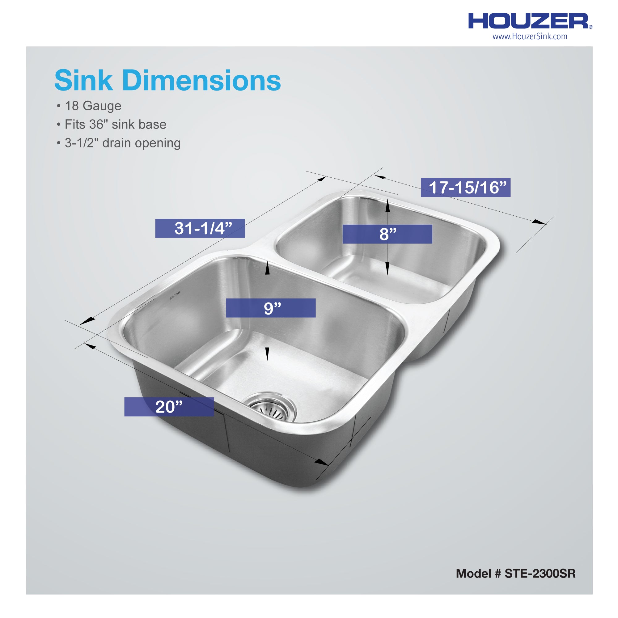 Houzer Eston 31" Stainless Steel Undermount 60/40 Double Small Right Bowl Offset Kitchen Sink