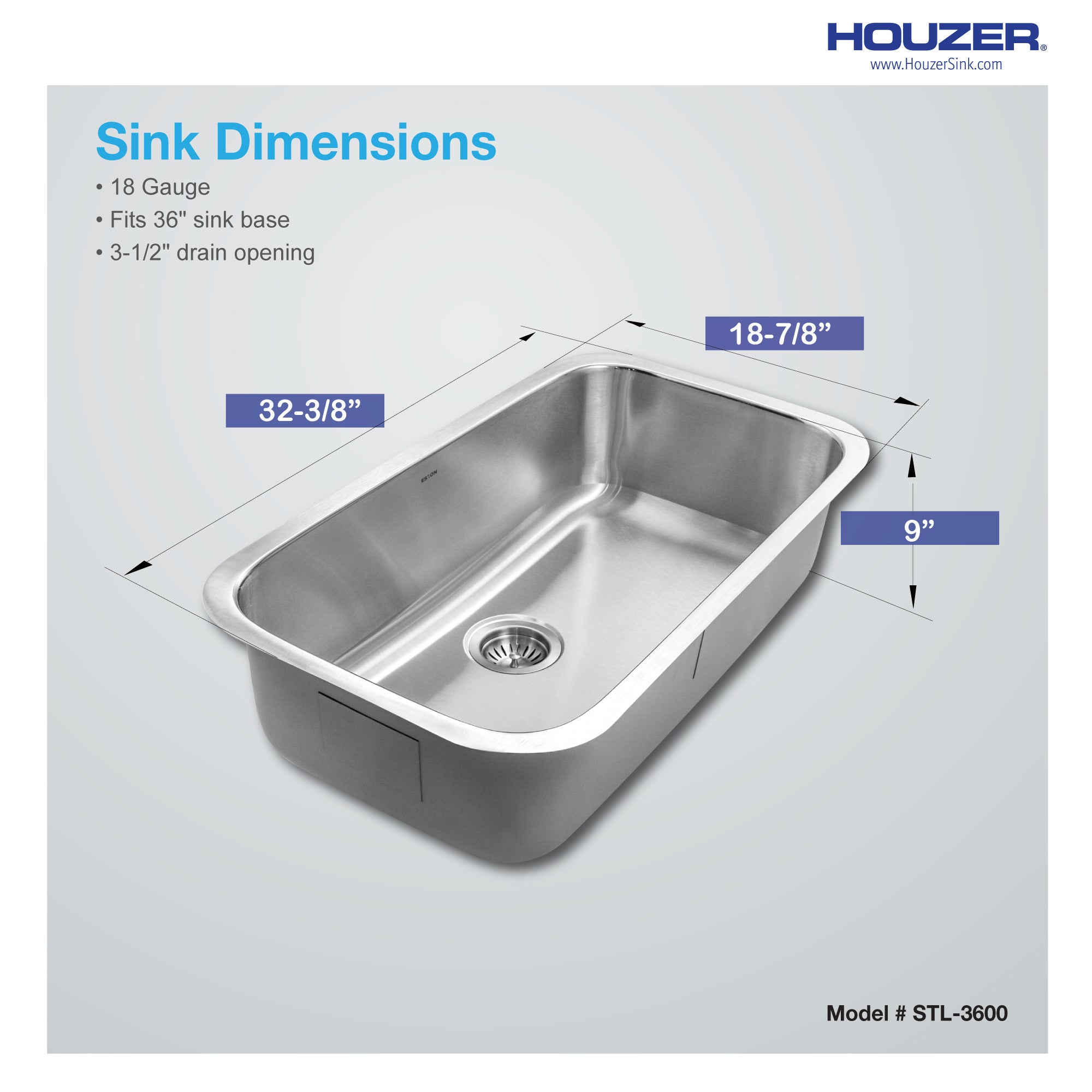 Houzer Eston 32 inch Stainless Steel Undermount Single Bowl Kitchen Sink - STL-3600