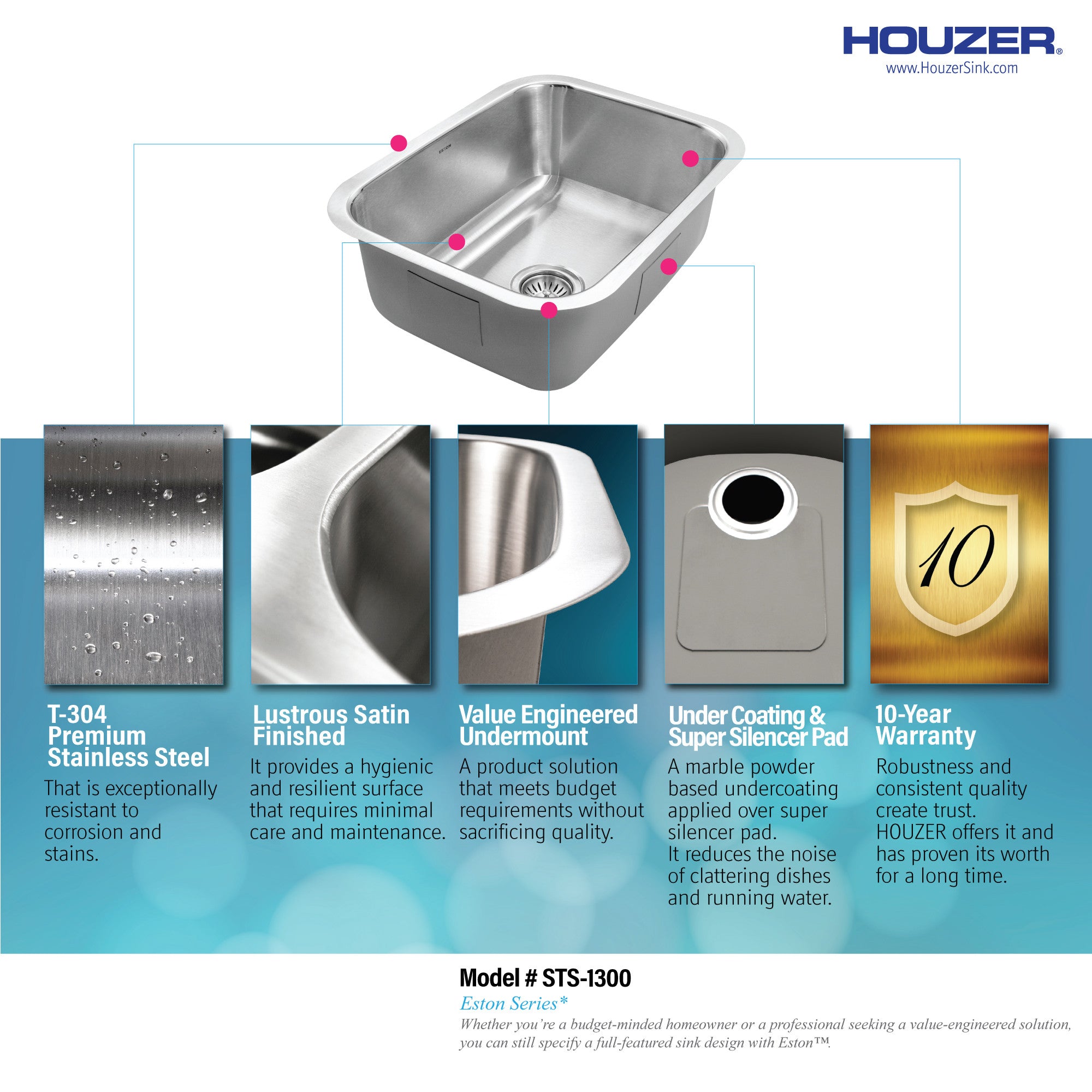 Houzer Eston 23 inch Stainless Steel Undermount Single Bowl Kitchen Sink - STS-1300
