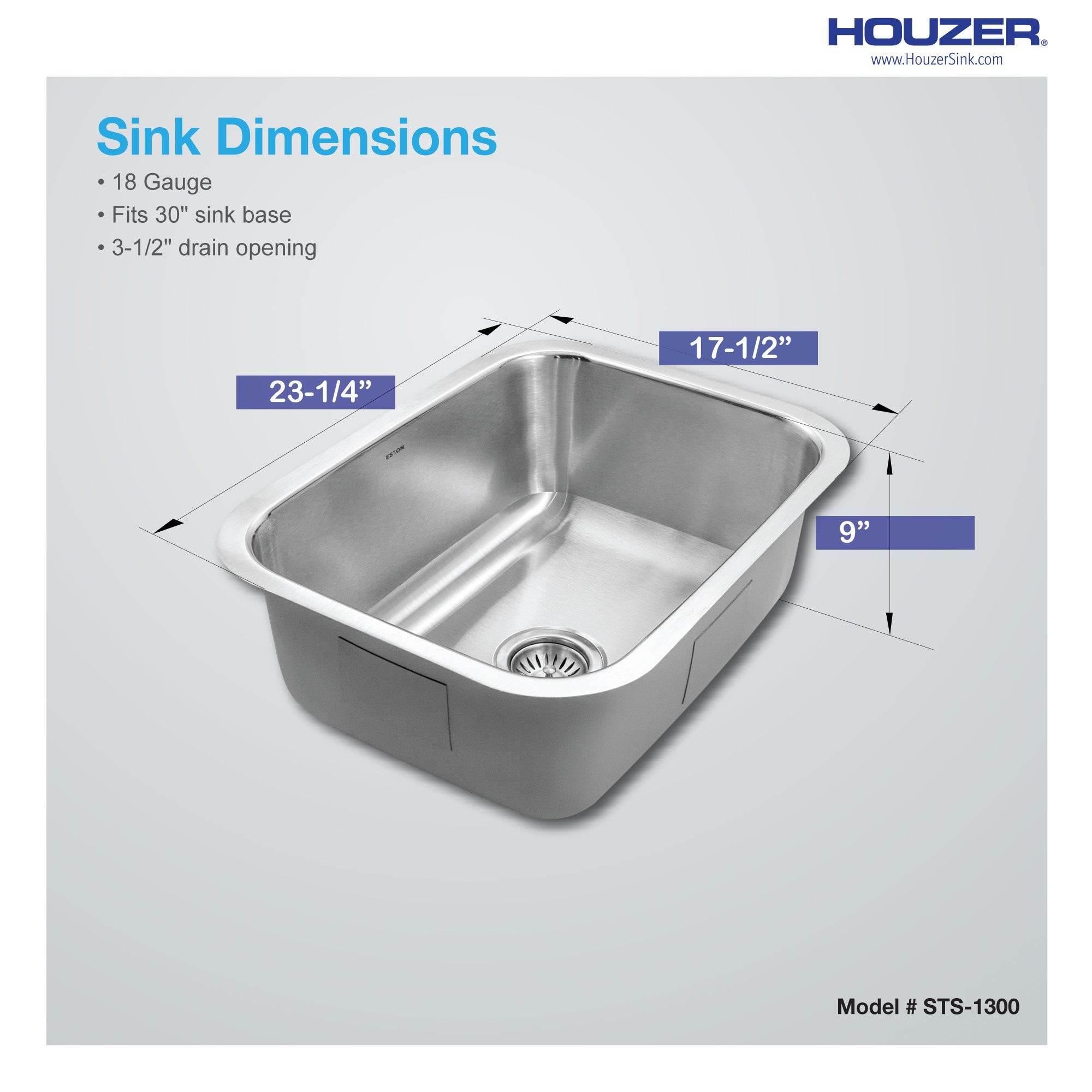 Houzer Eston 23 inch Stainless Steel Undermount Single Bowl Kitchen Sink - STS-1300