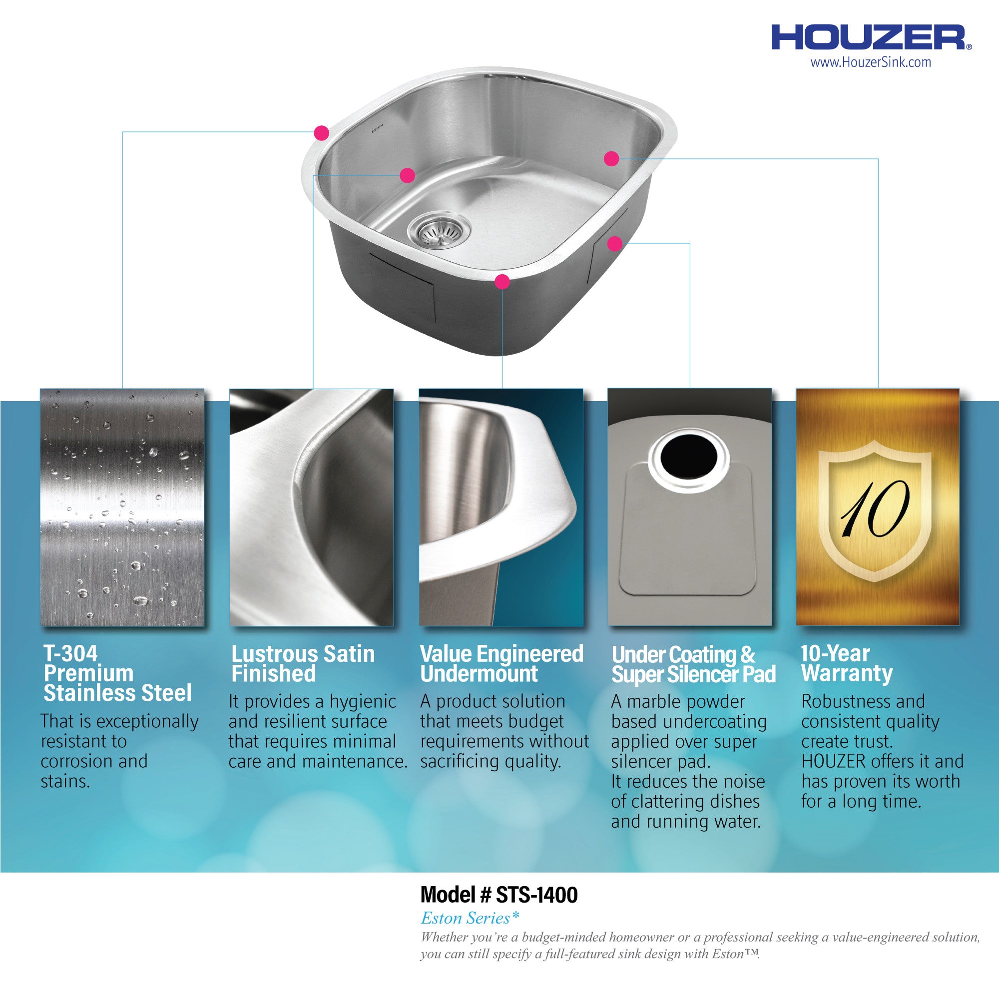 Houzer Eston 24 inch Stainless Steel Undermount Single D Bowl Kitchen Sink - STS-1400