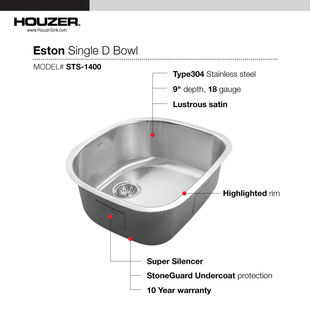 Houzer Eston 24 inch Stainless Steel Undermount Single D Bowl Kitchen Sink - STS-1400