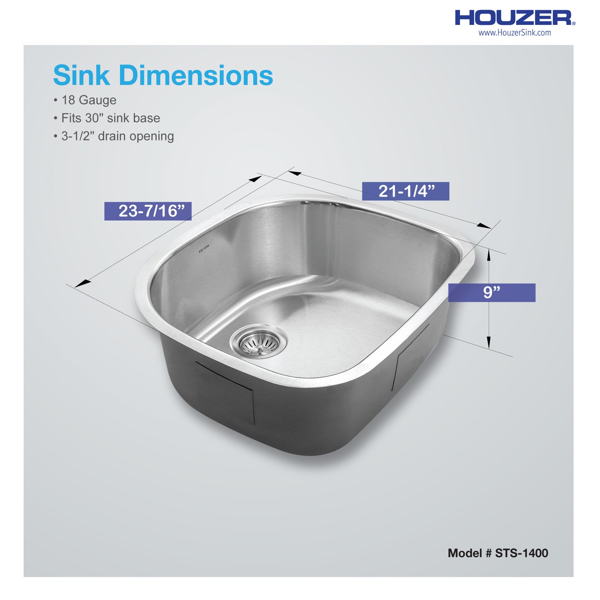 Houzer Eston 24 inch Stainless Steel Undermount Single D Bowl Kitchen Sink - STS-1400